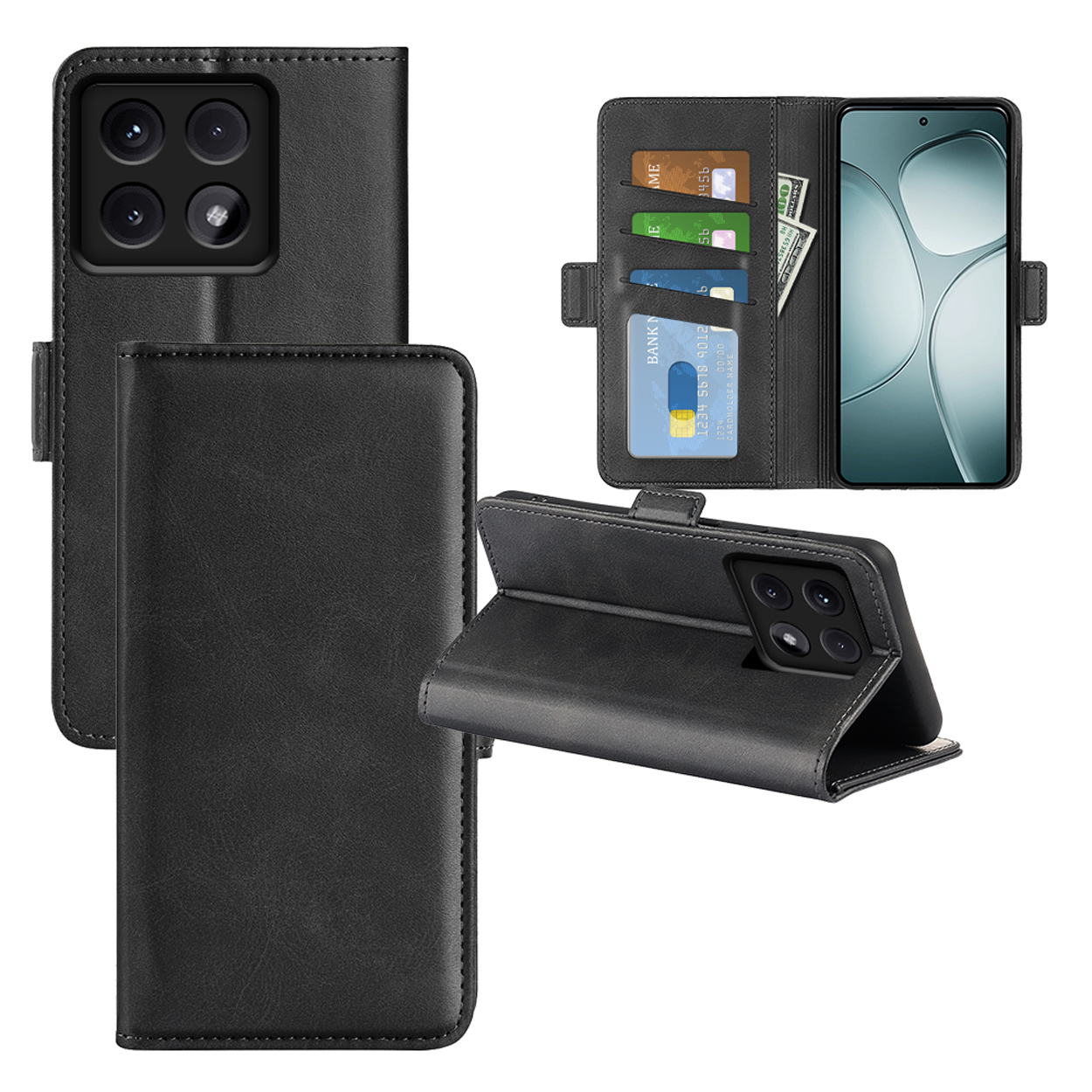 Zwarte leren telefoonhoes met een telefoon en kaarten erin.