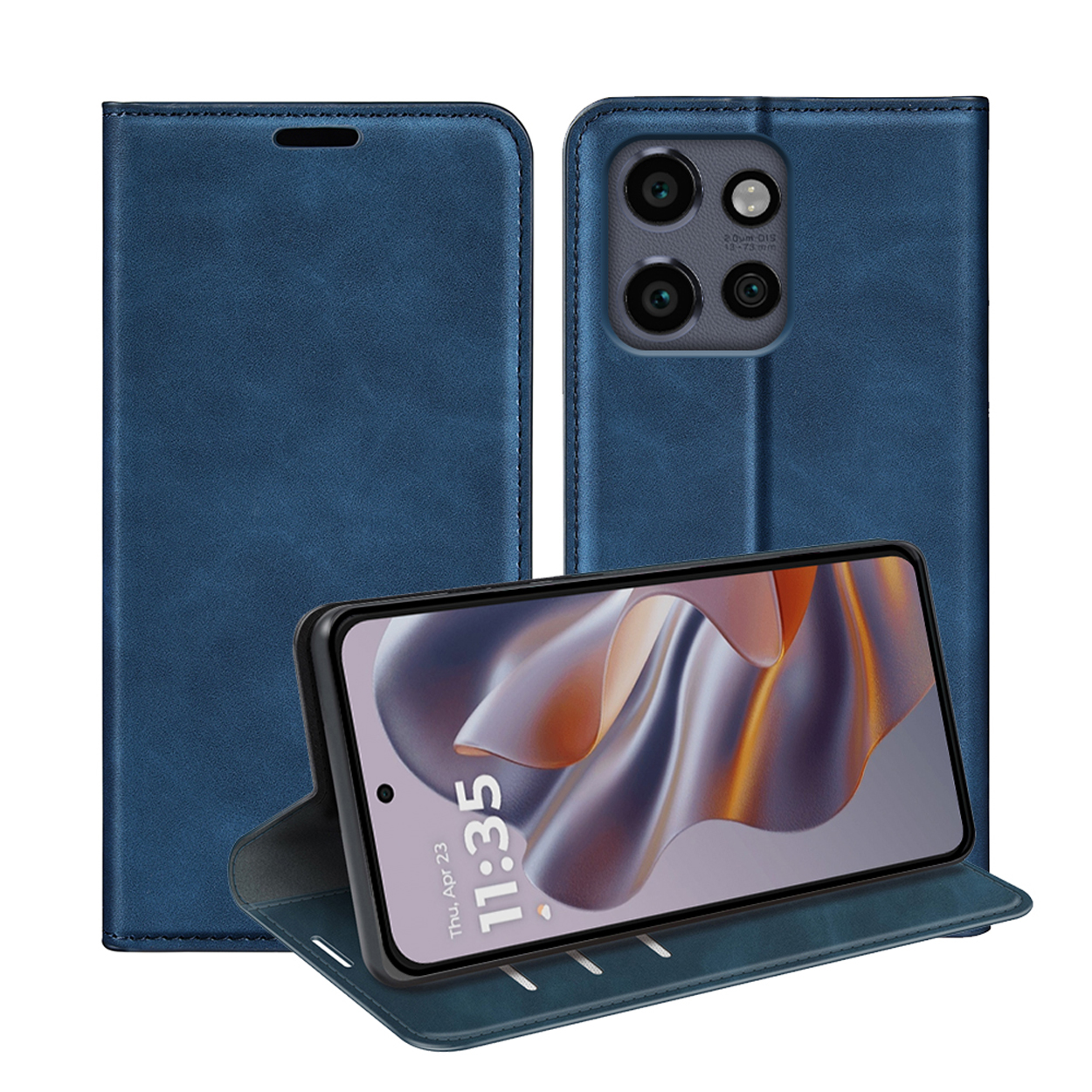 Étui de téléphone bleu avec un téléphone affichant l'heure, ouvert et fermé. Comprend des caméras de téléphone.