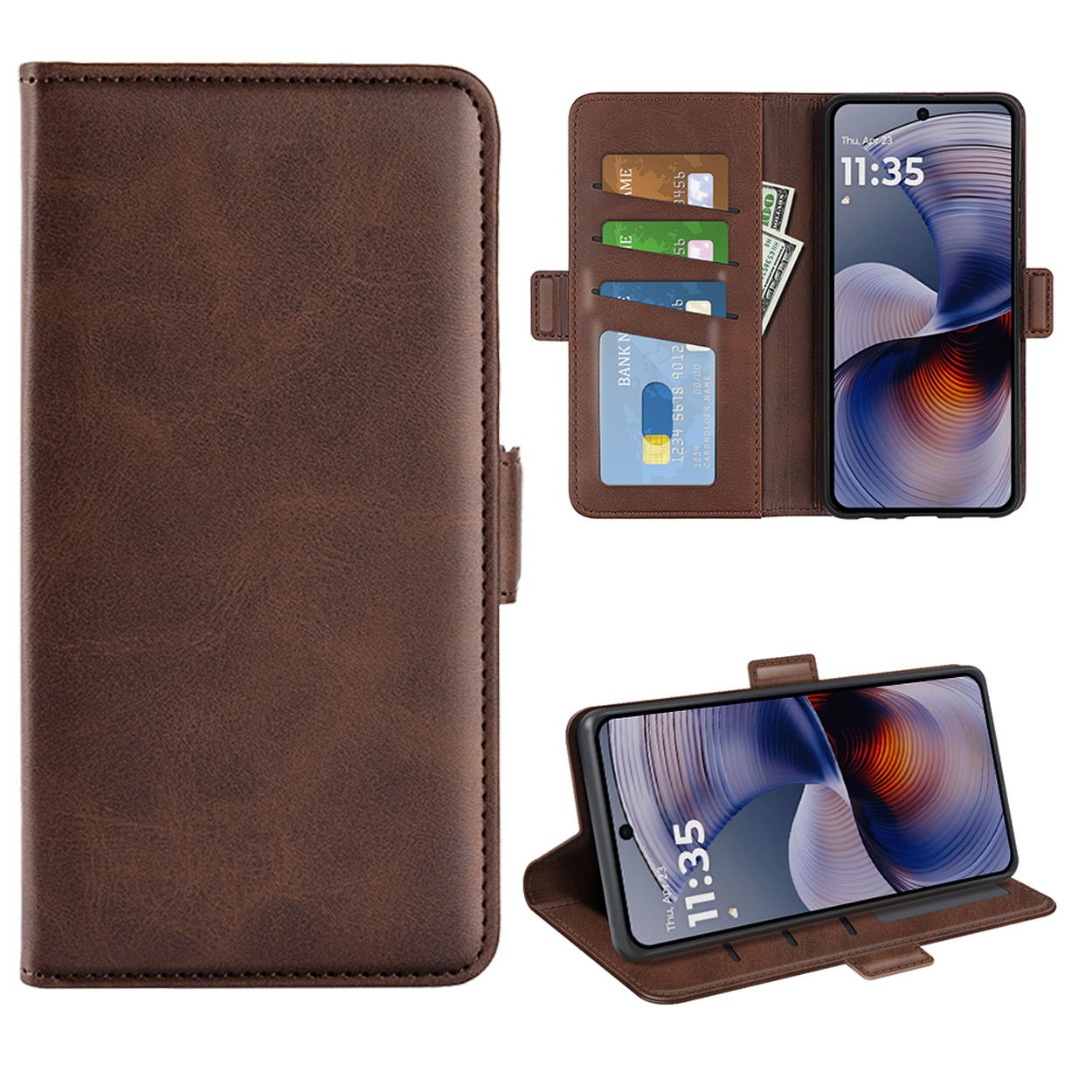 Bruine telefoonhoes met telefoon, kaarten en geld. De telefoon toont 11:35. Meerdere weergaven.