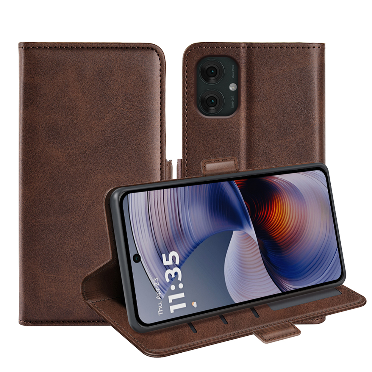 Bruine telefoonhoes, gesloten en open, met een telefoon die 11:35 weergeeft. Weergegeven in landschapsmodus.