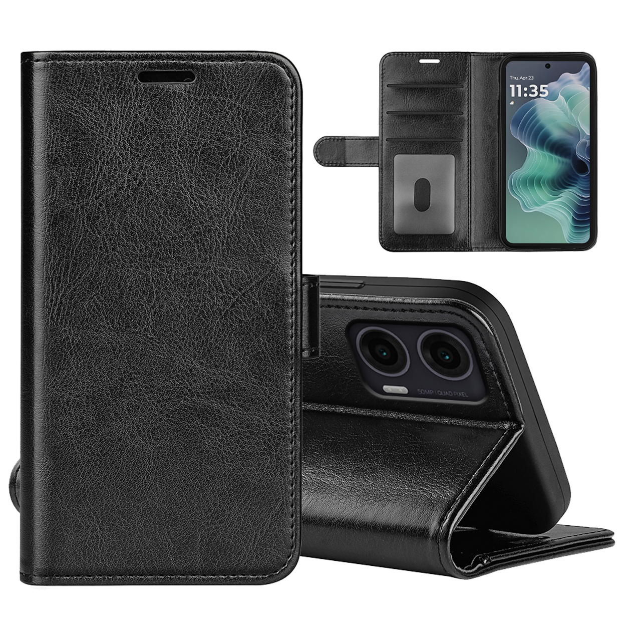 Étui de téléphone noir avec téléphone, cartes et poche. Le téléphone affiche 11:35. Plusieurs vues.