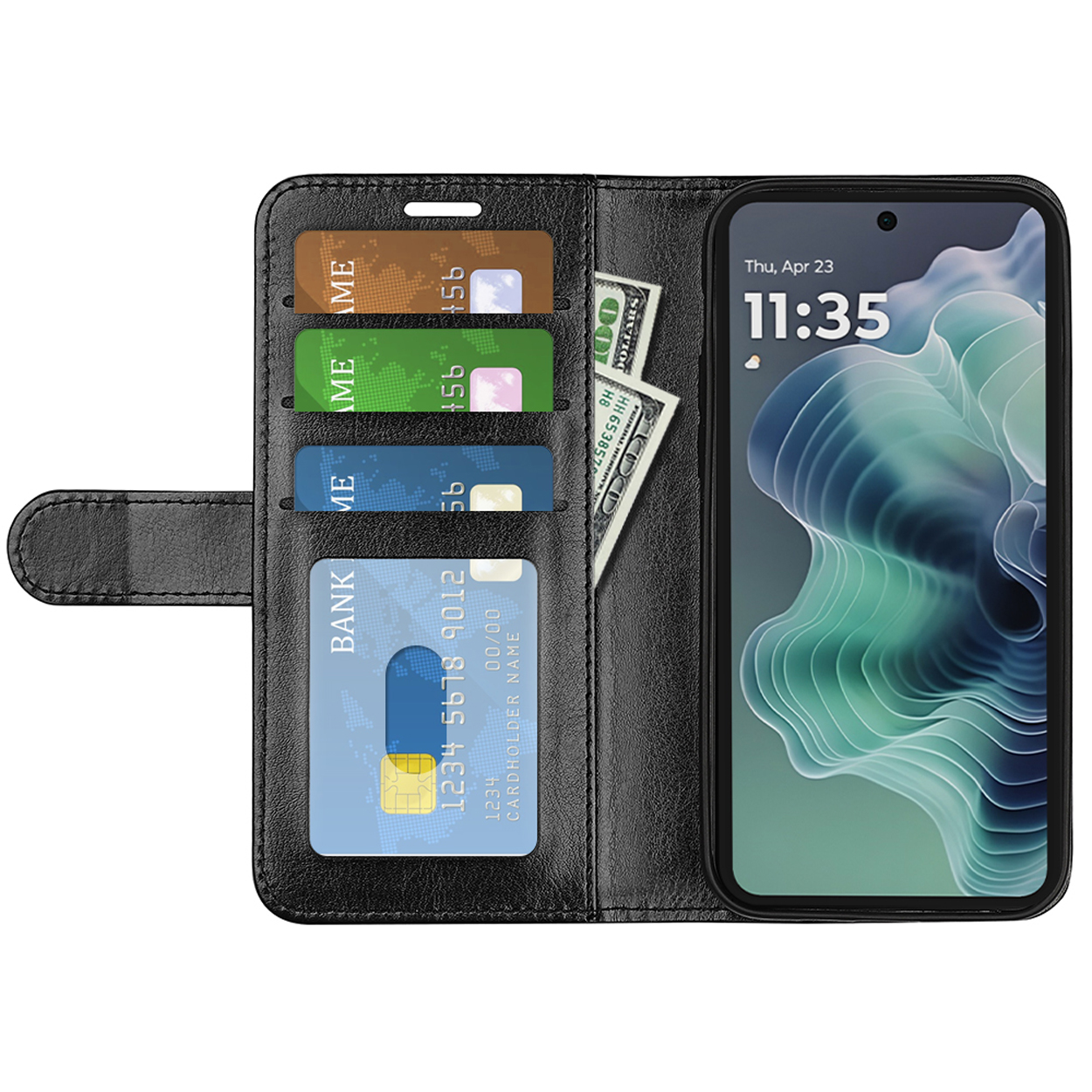 Étui de téléphone noir ouvert avec téléphone, cartes et argent. Le téléphone affiche l'heure.