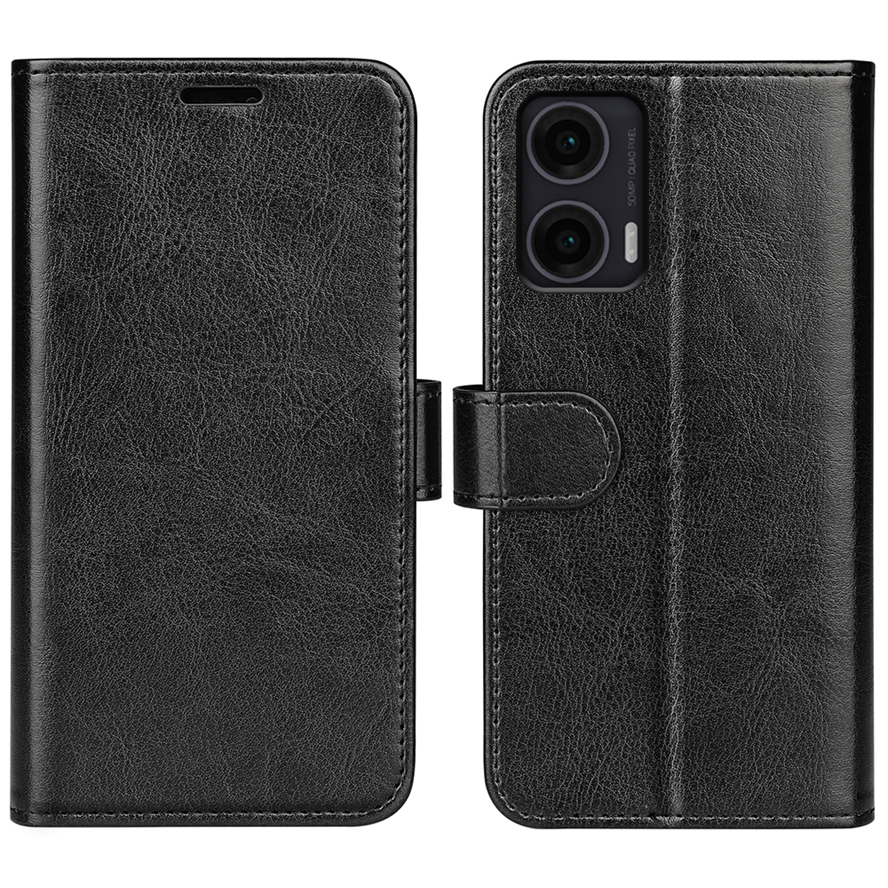 Étui de téléphone noir fermé. Montrant l'avant et l'arrière. Semble être en cuir.