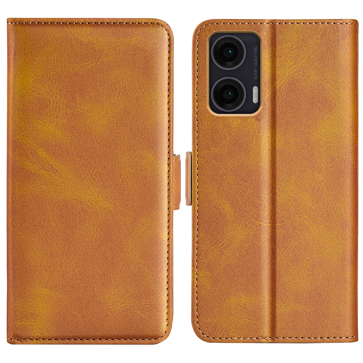 Étui de téléphone en cuir marron ouvert. L'étui du téléphone est vide. L'étui est texturé.