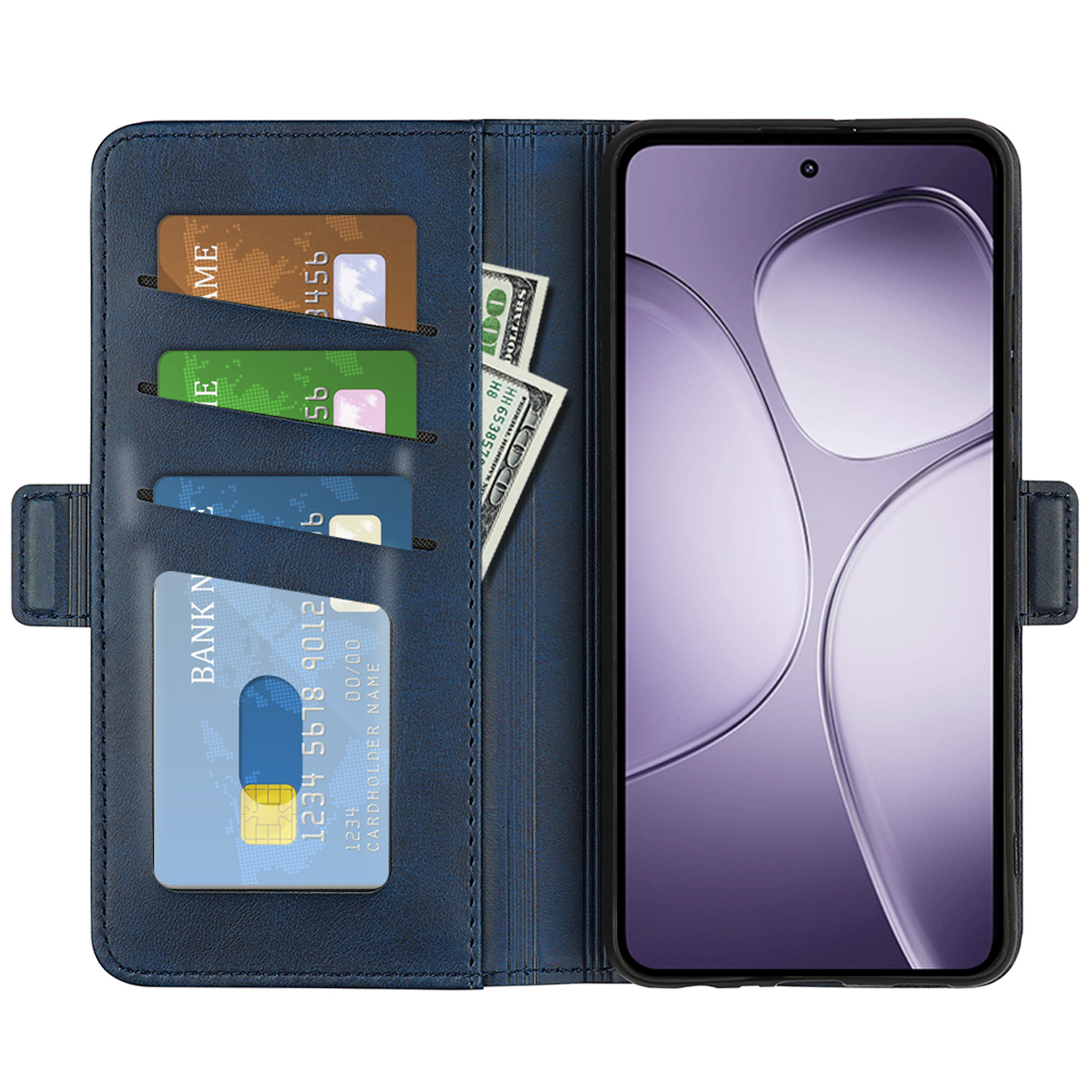 Blauwe leren telefoonhoes, open, met kaarten, geld en telefoon erin. De telefoon staat aan.
