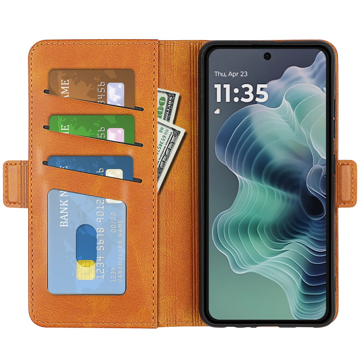 Étui de téléphone orange avec téléphone, cartes et argent. Le téléphone affiche 11:35. L'étui est ouvert.