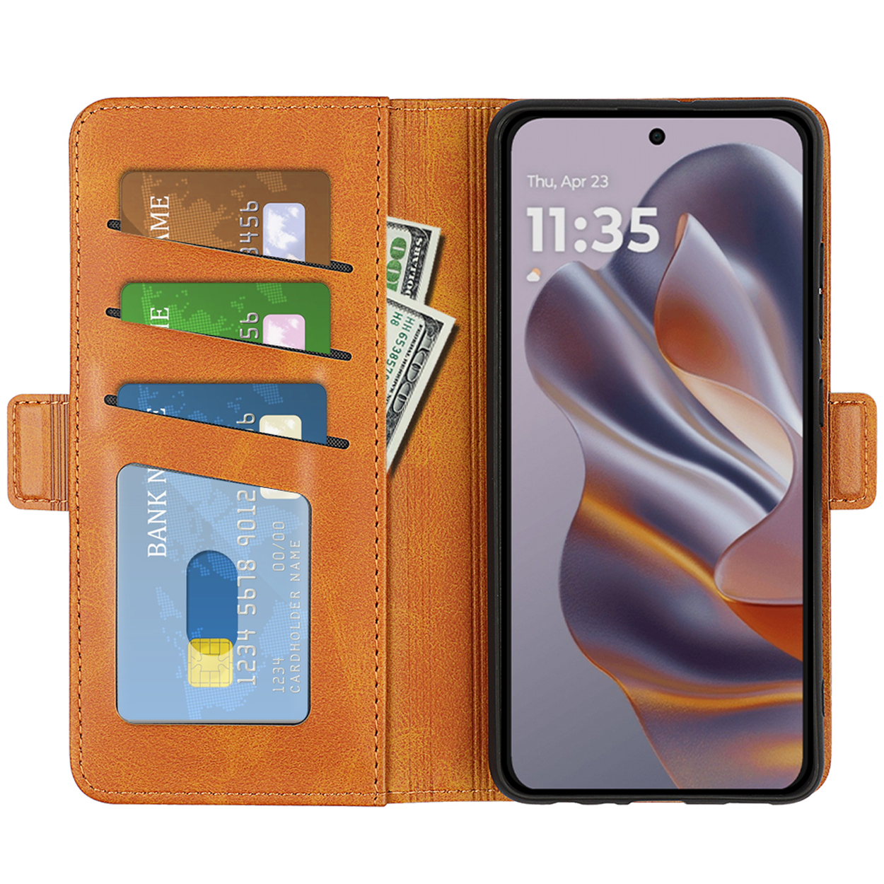 Oranje telefoonhoes open, met telefoon, kaarten en contant geld zichtbaar.