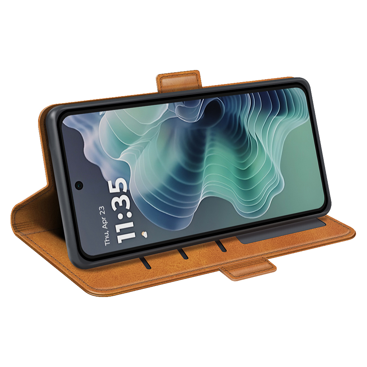 Étui de téléphone en cuir marron avec un téléphone affichant l'heure.