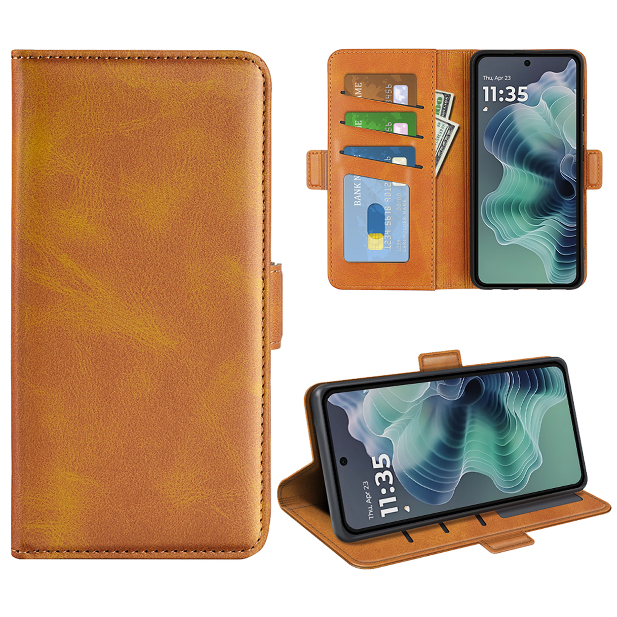 Étui de téléphone marron ouvert avec téléphone et cartes. Le téléphone affiche la date et l'heure.