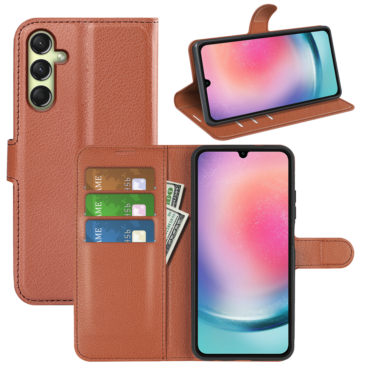 Brown phone case with phone, cards, and money inside. Phone shows time.