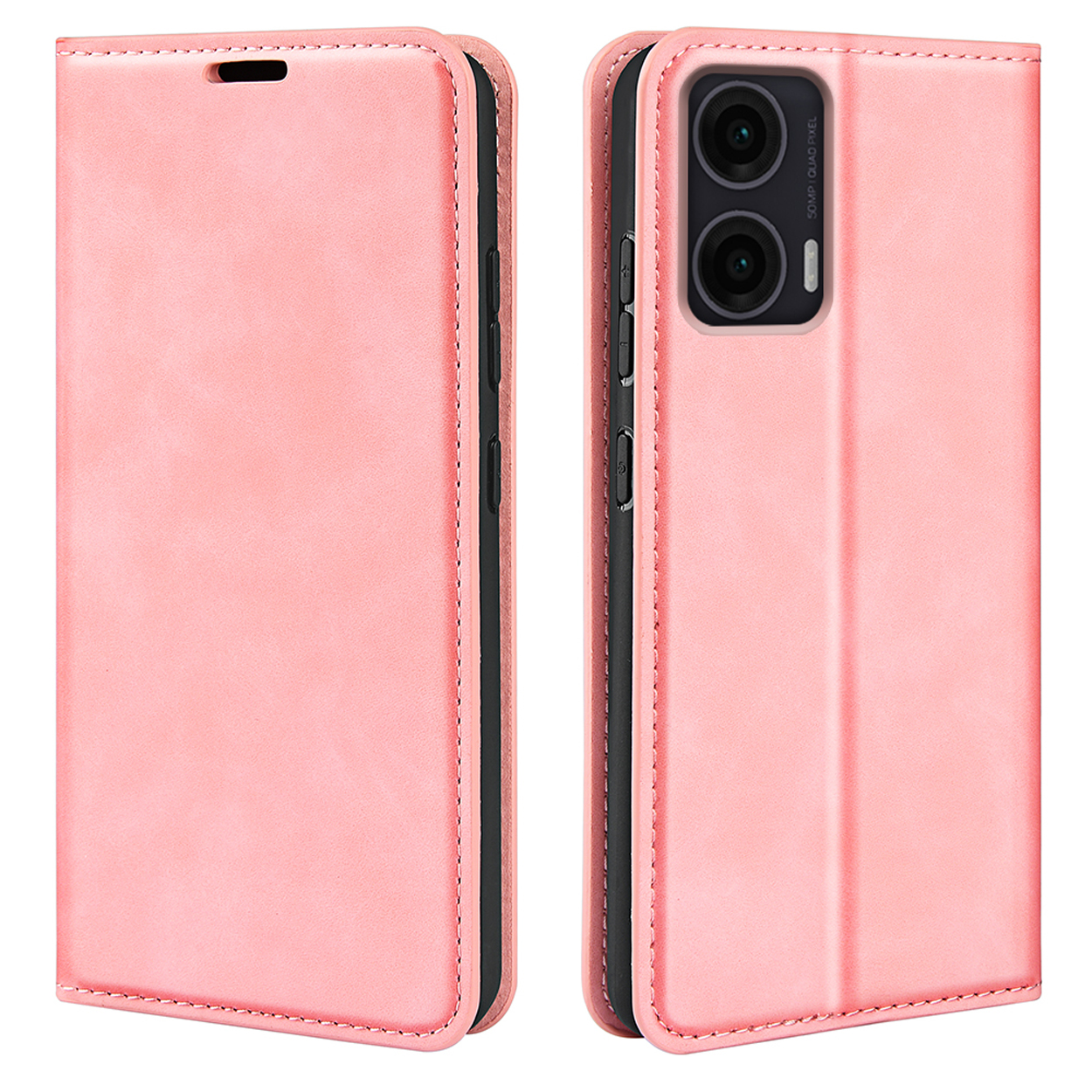 Étui de téléphone rose, fermé et ouvert. Rose sur noir à l'intérieur. Fond blanc.
