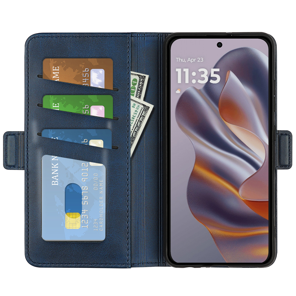 Blauwe leren telefoonhoes open met een telefoon, kaarten en contant geld. Telefoon staat aan.