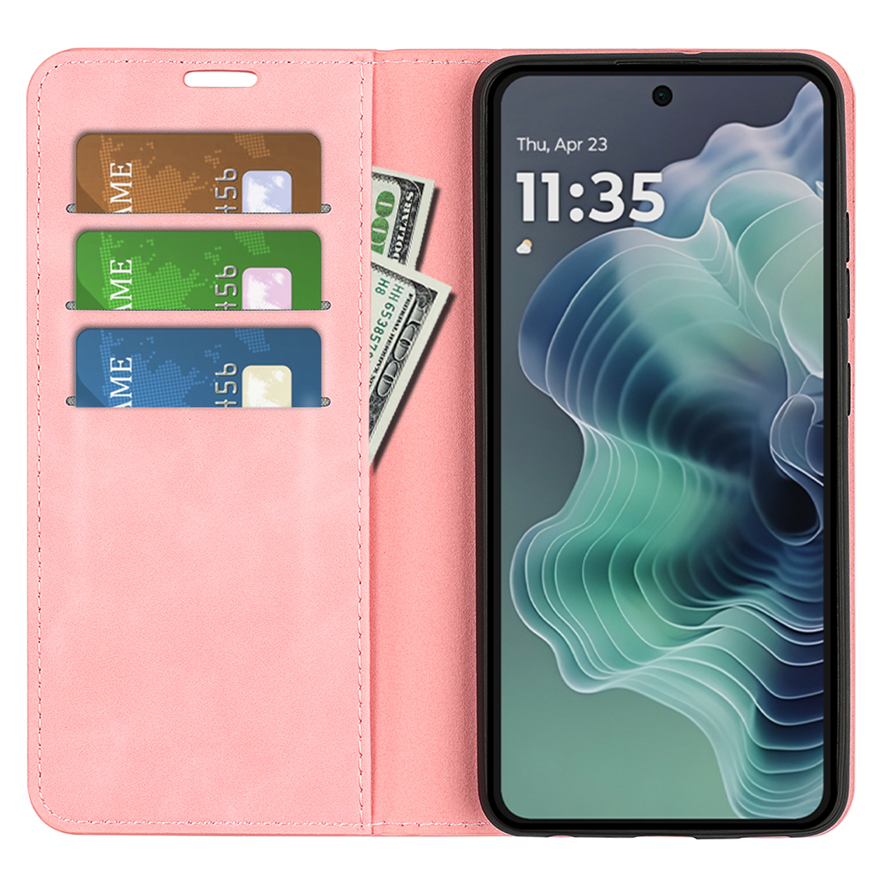 Étui rose ouvert avec cartes, argent et téléphone affichant 11:35. Fond blanc. Étui rose.