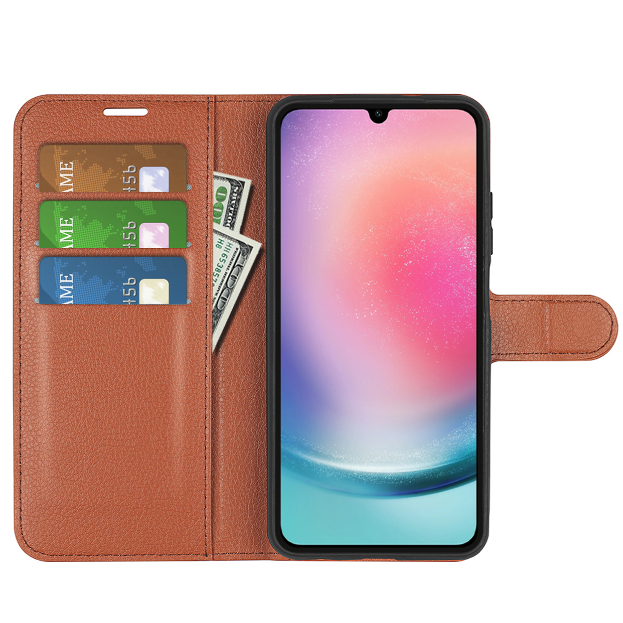Brown phone case open, showing card slots, money, and a phone displaying a pink color screen.