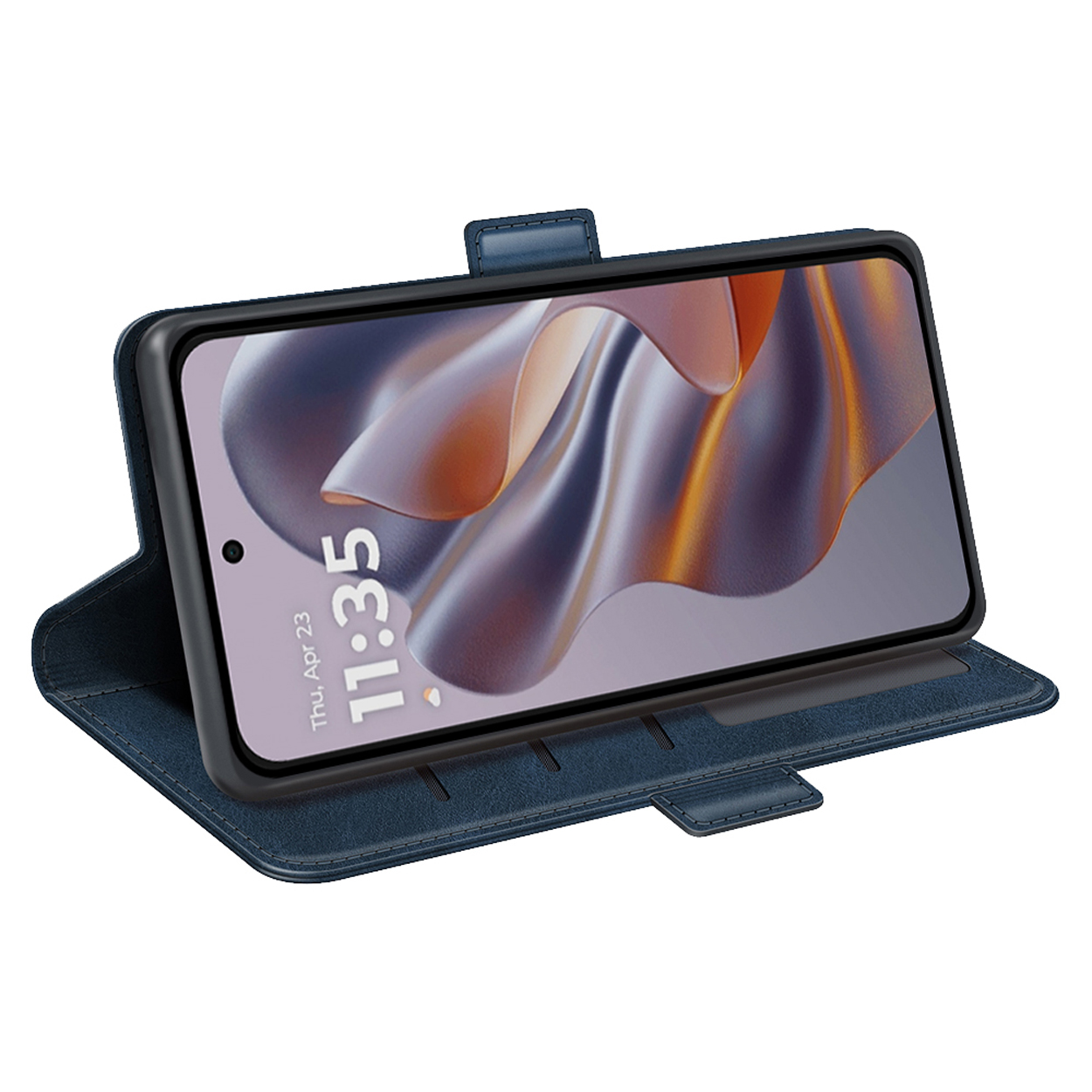 Blauwe telefoonhoes met telefoon erin. Telefoon toont 11:35 en donderdag 23 april.