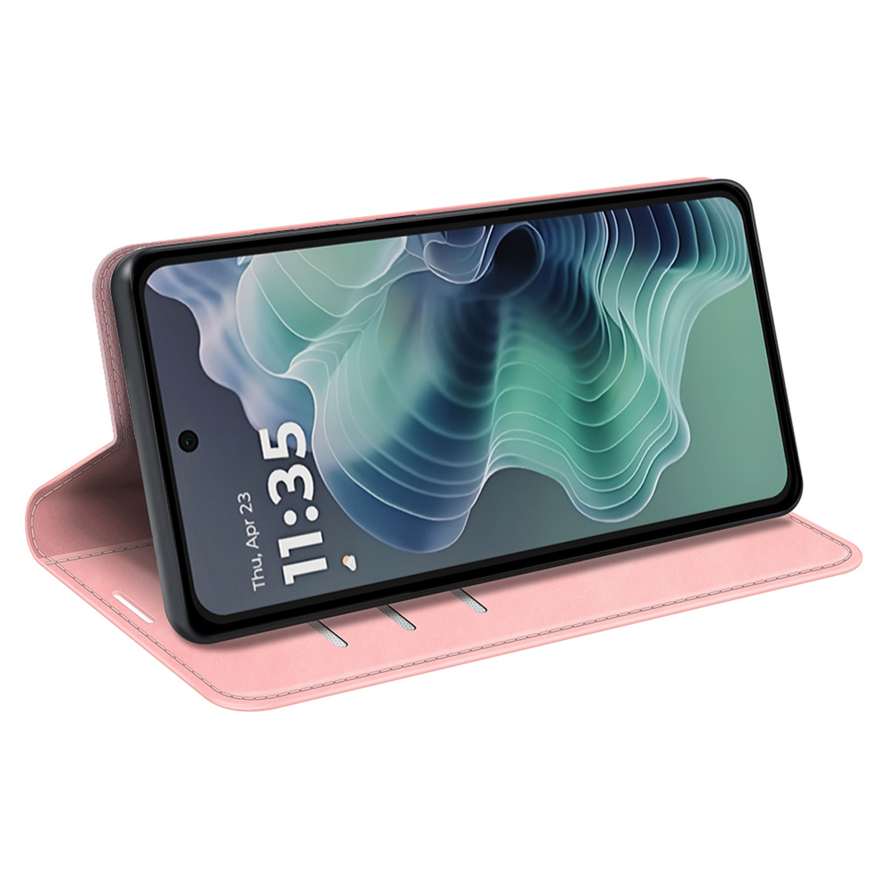 Coque de téléphone rose ouverte, montrant un téléphone affichant l'heure. La coque est sur une surface.