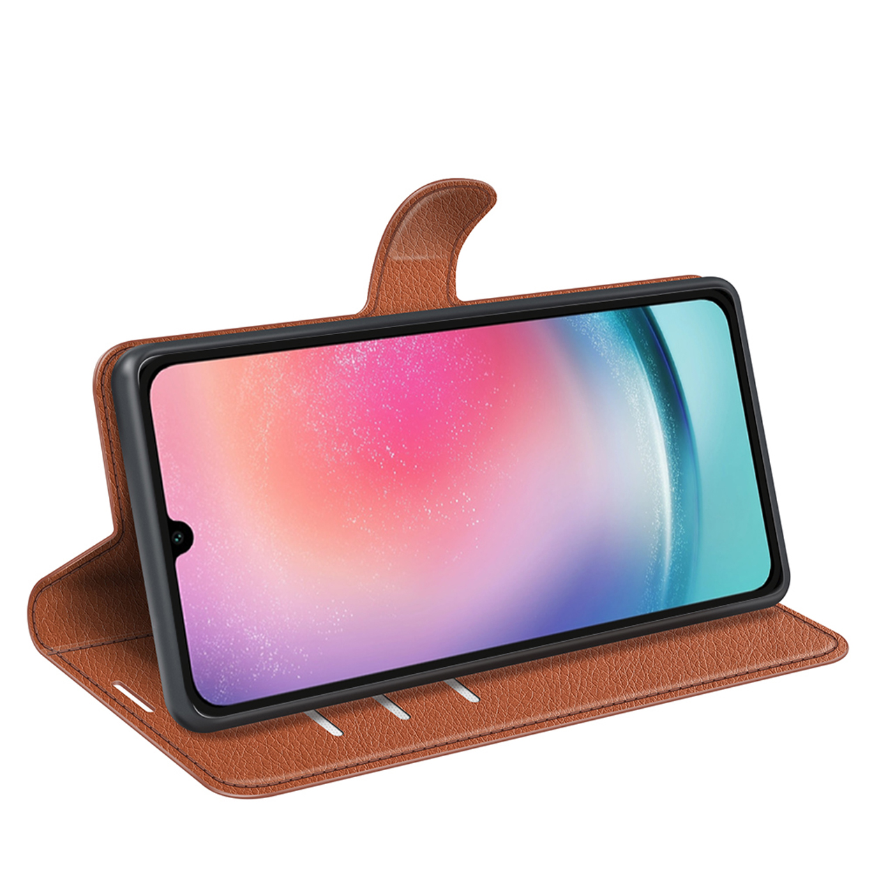 Brown phone case open, showing phone. Phone has an image on the screen. Leather.