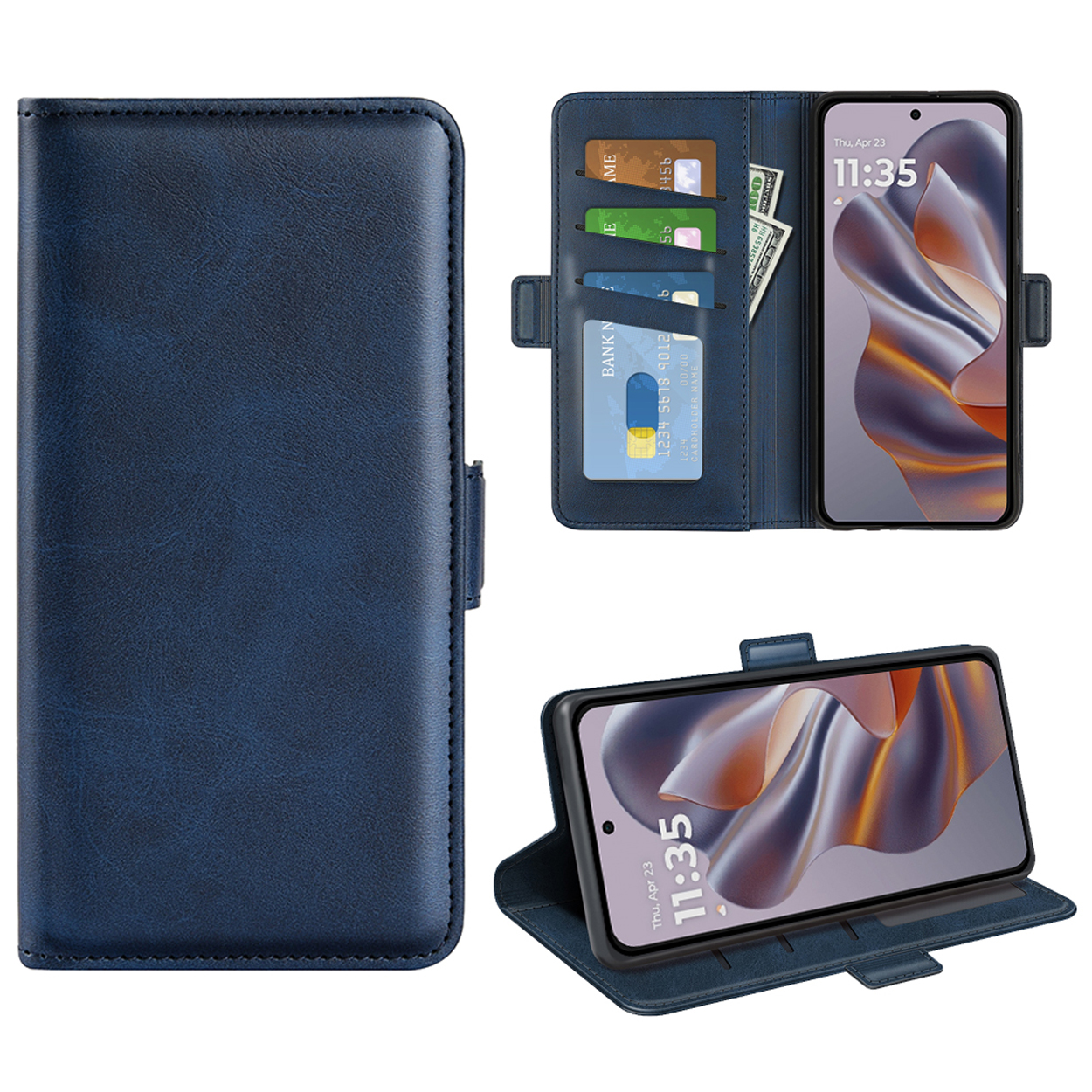 Blauwe telefoonhoes met telefoon erin. Telefoontijd weergegeven. Hoes is gesloten, open en gesteund.