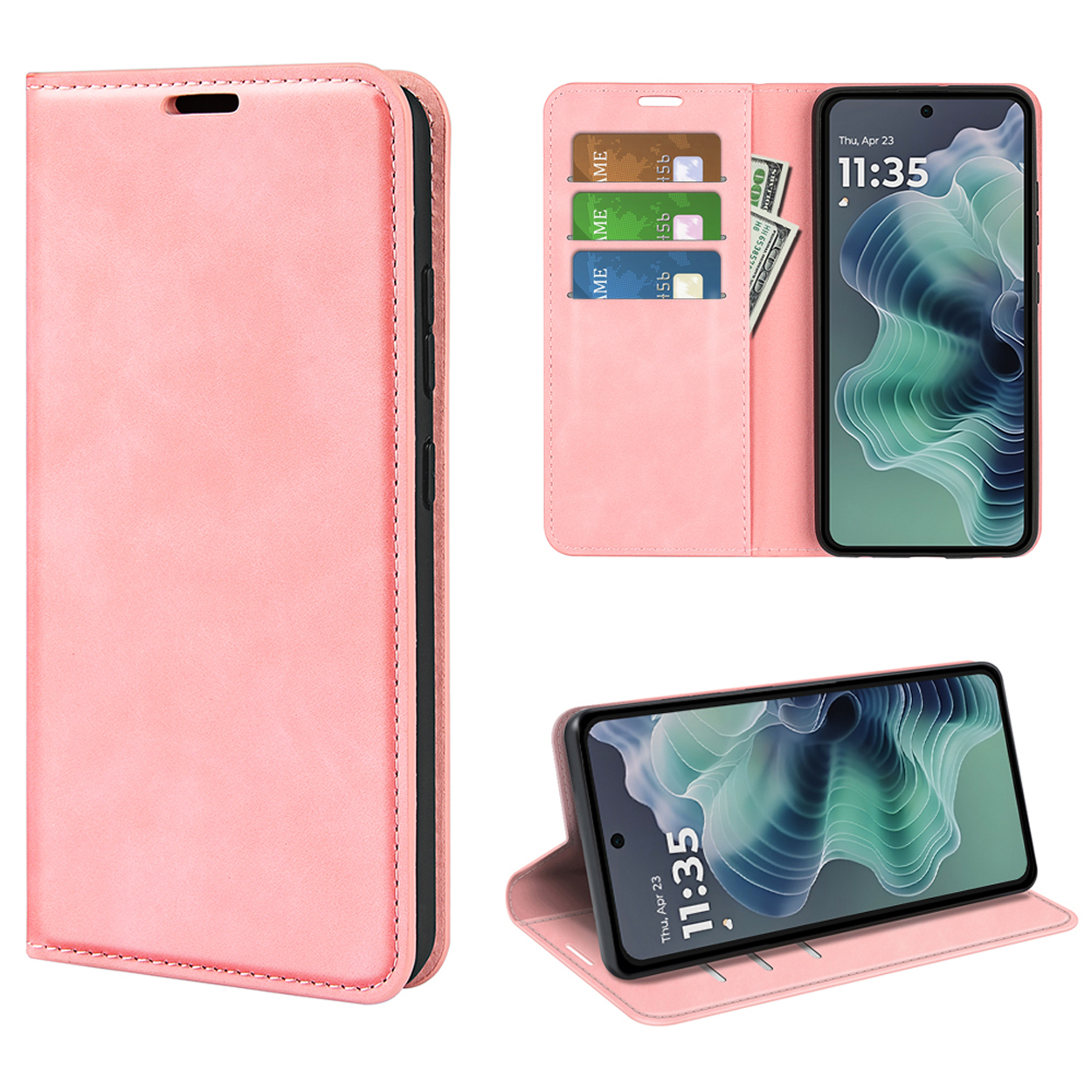 Étui portefeuille en cuir rose, ouvert, avec cartes, espèces et téléphone. Le téléphone affiche l'heure.