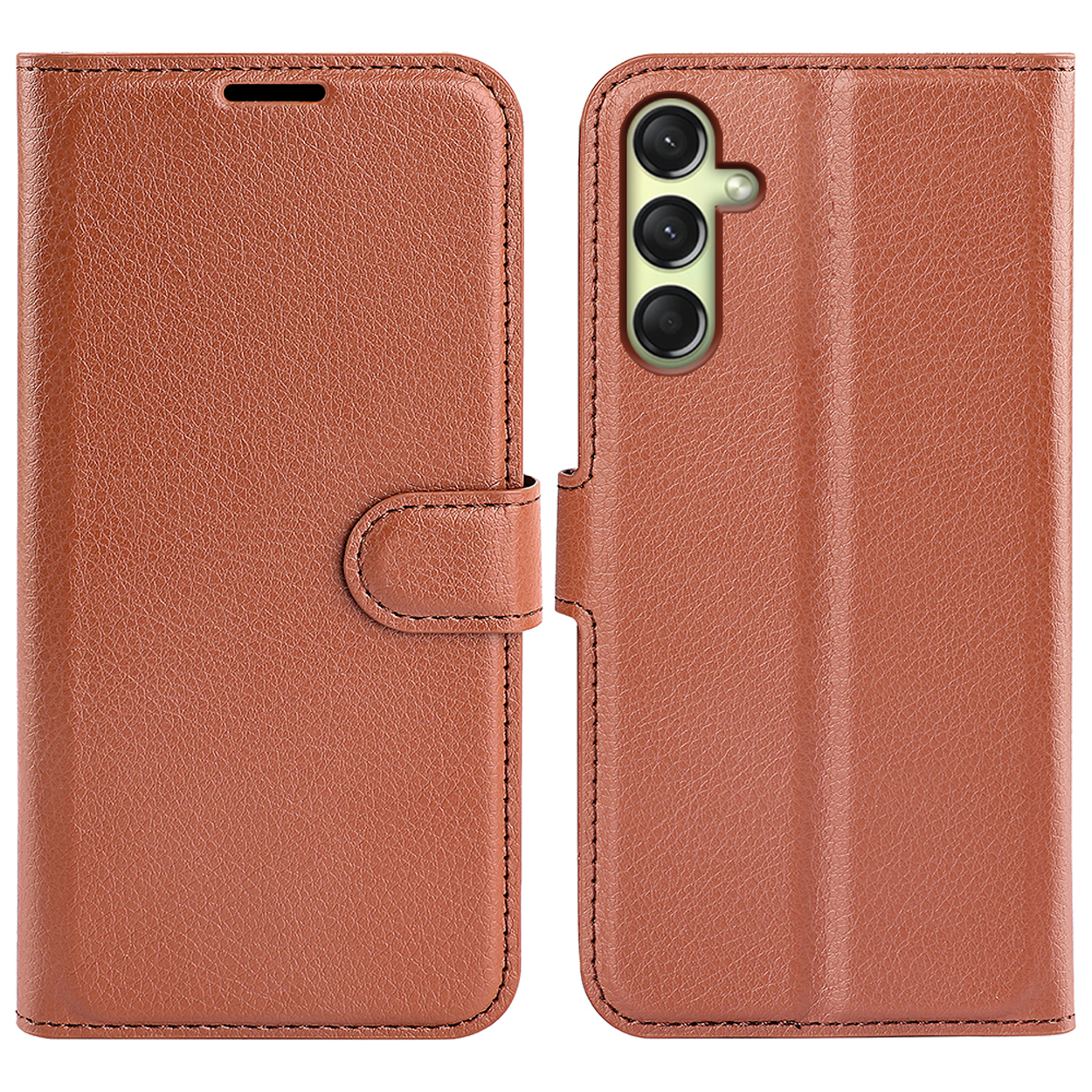Brown leather phone case open and closed. The phone has three cameras and a curved edge.