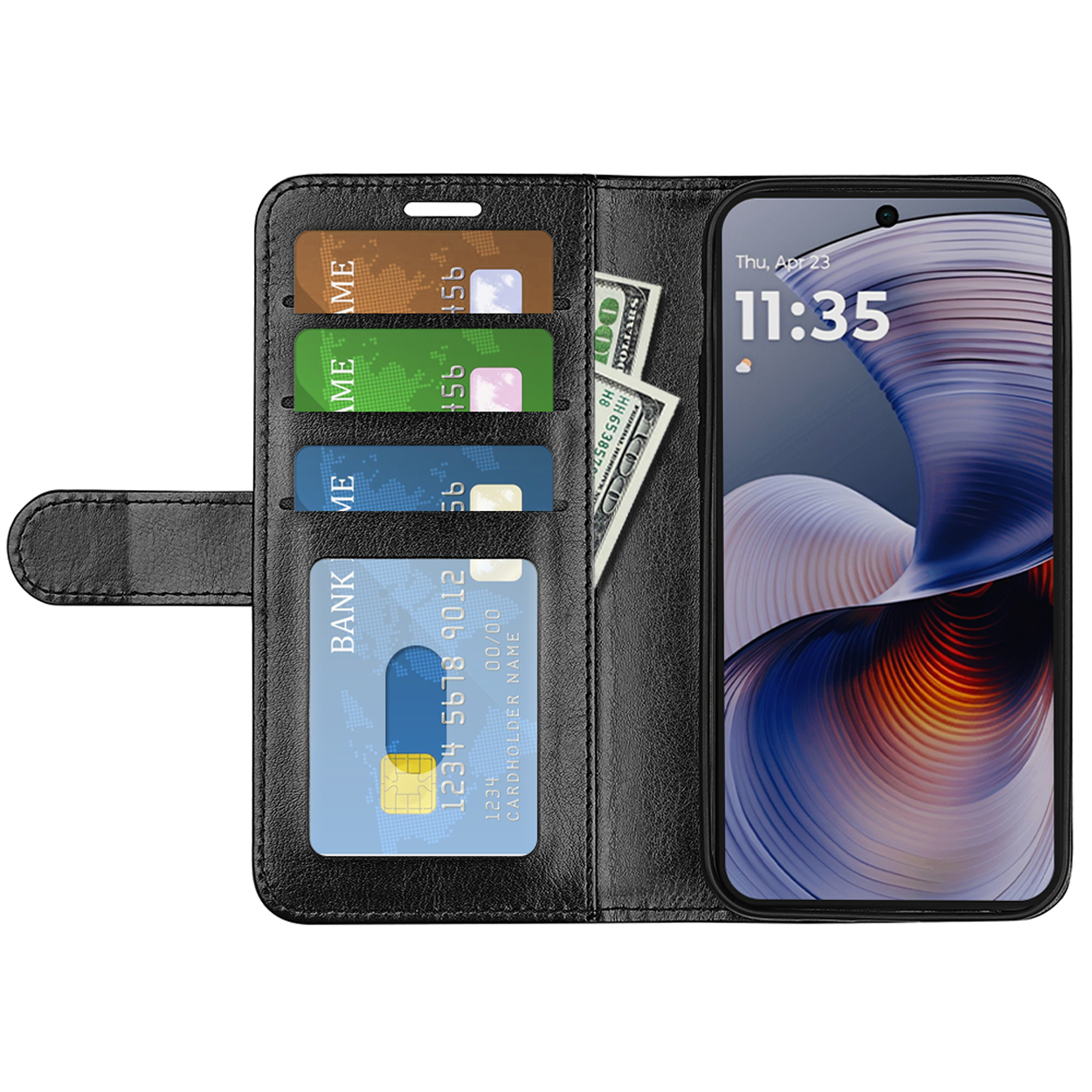 Zwarte telefoonhoes open met kaarten, geld en een telefoon die de tijd weergeeft.