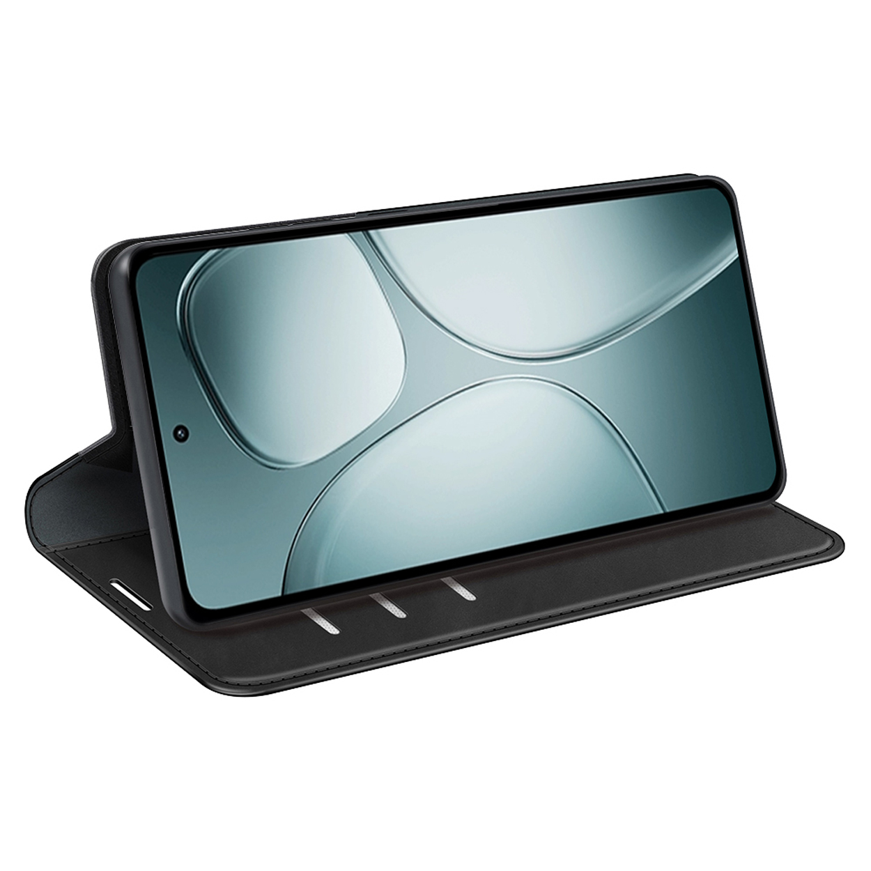 Telefoon in een zwarte leren hoes, open en opgeklapt. De telefoon toont zijn scherm.