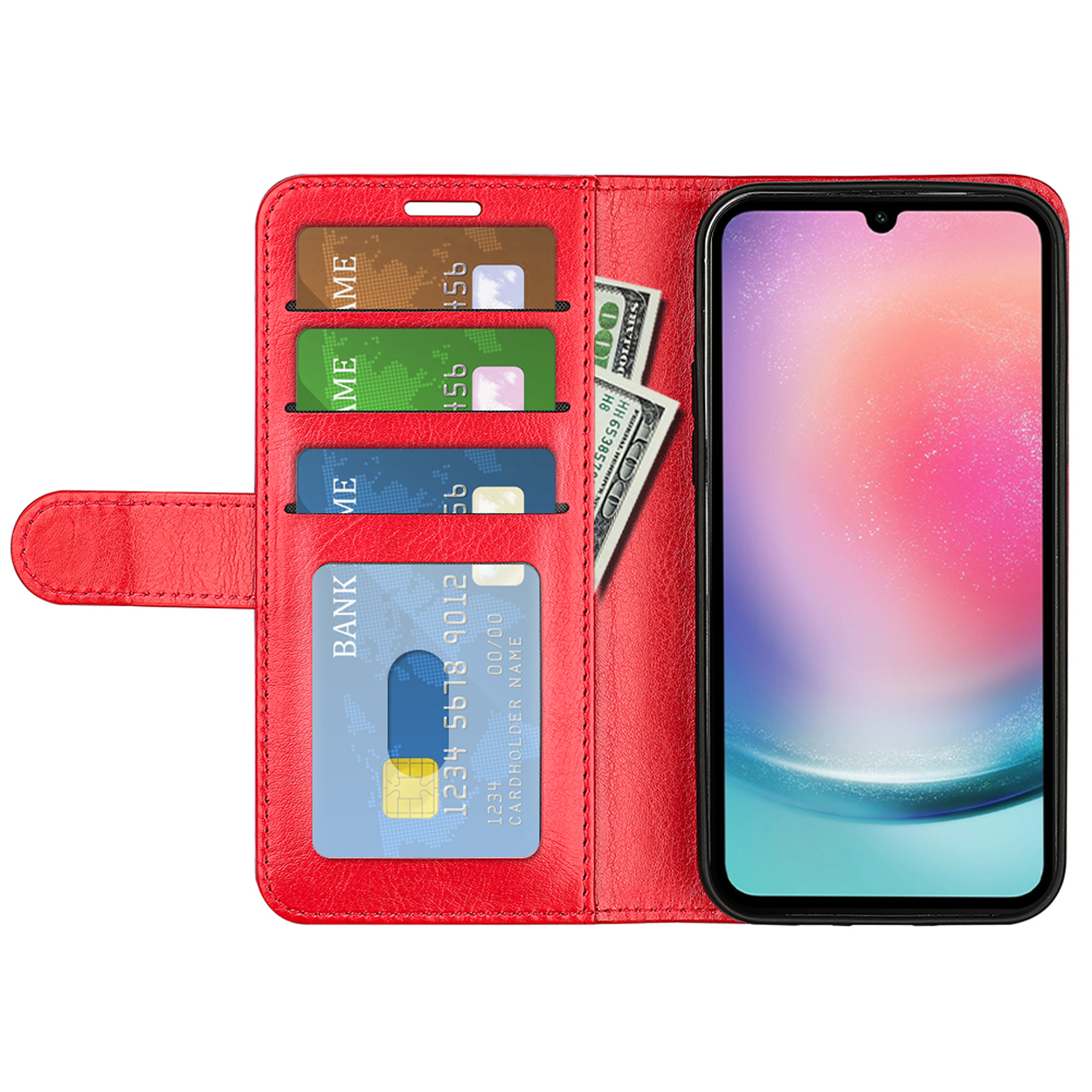 Rode telefoonhoes, open, met een telefoon, kaarten en contant geld zichtbaar. Bankpas aanwezig.