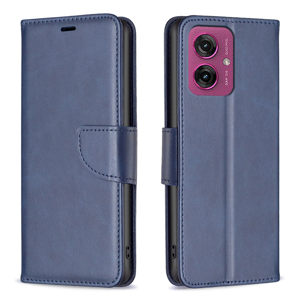 Blauwe leren telefoonhoes met een paarse camera.