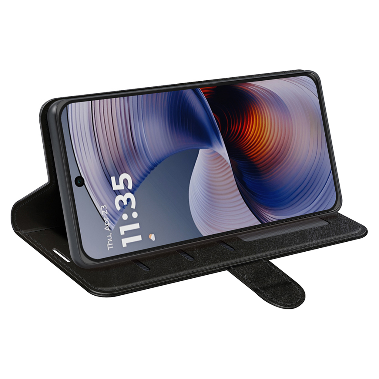 Zwarte telefoonhoes, open, met telefoon, toont de tijd op het scherm.