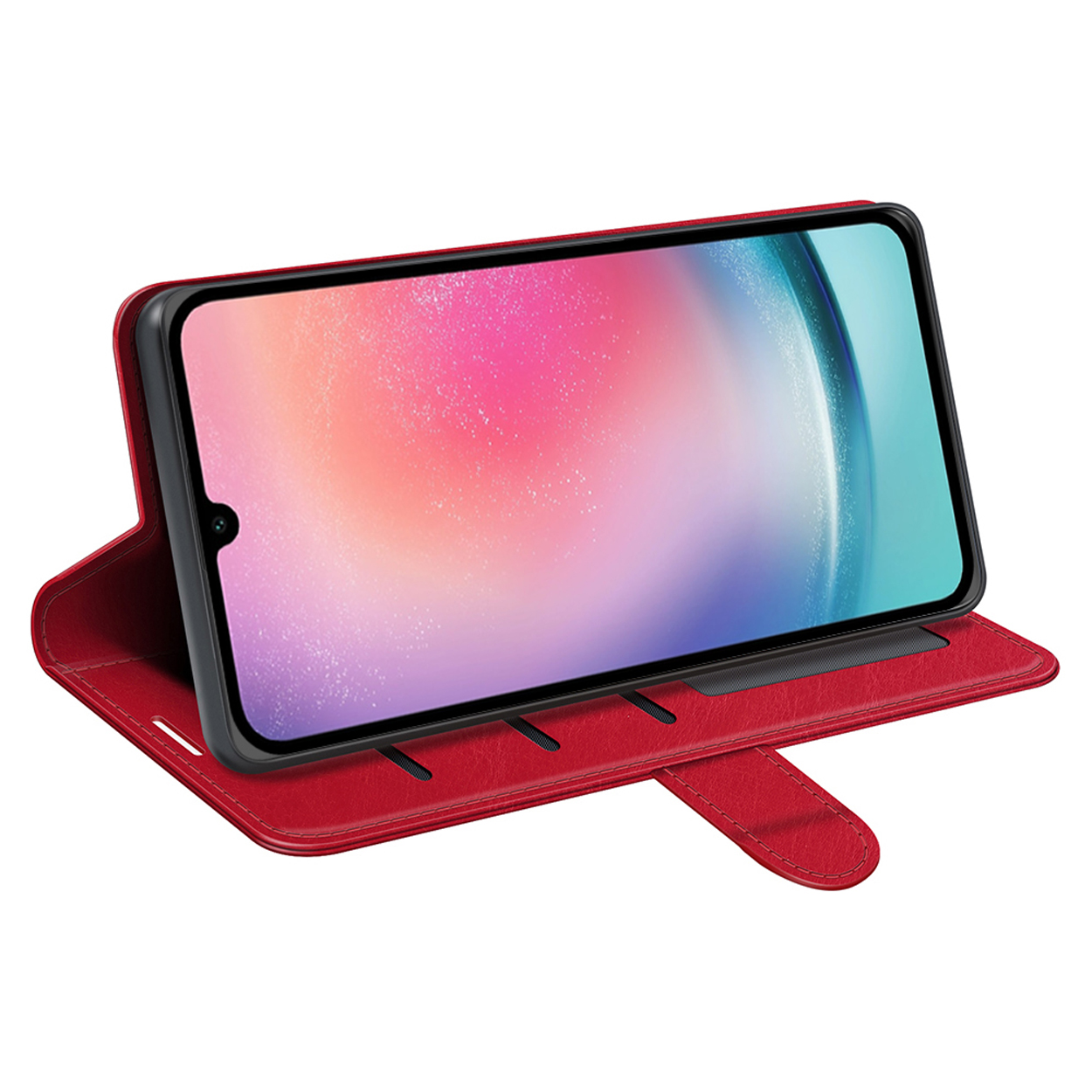 Rode telefoonhoes open met telefoon die een scherm toont.