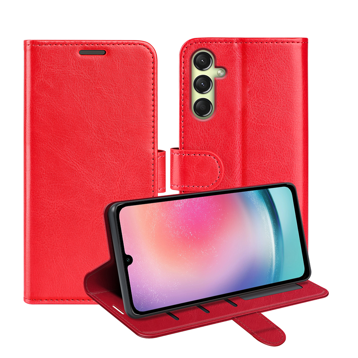 Rode leren telefoonhoes, open en dicht, met een telefoon erin.