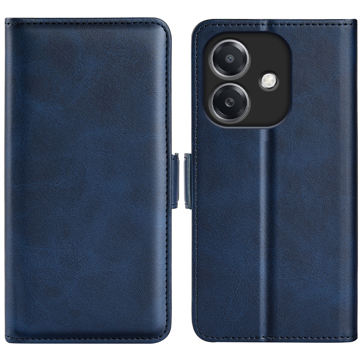 Blauwe telefoonhoes, gesloten en open, met de telefoon.