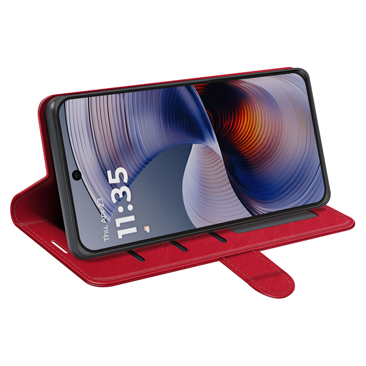 Rode leren telefoonhoes met telefoon. De telefoon toont een afbeelding en de tijd.