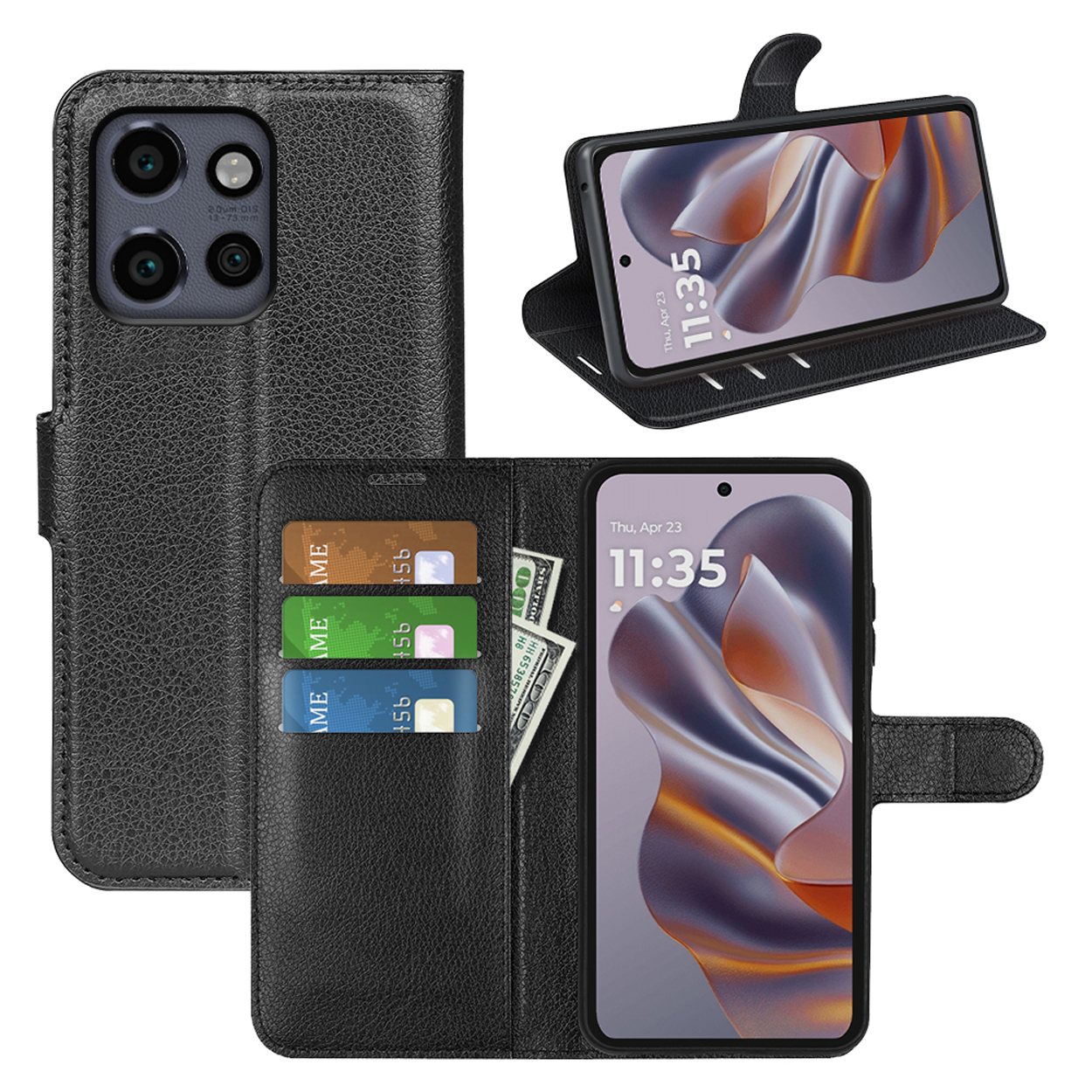 Zwarte leren telefoonhoes, open, met kaarten, contant geld en telefoon. Telefoonscherm aan.