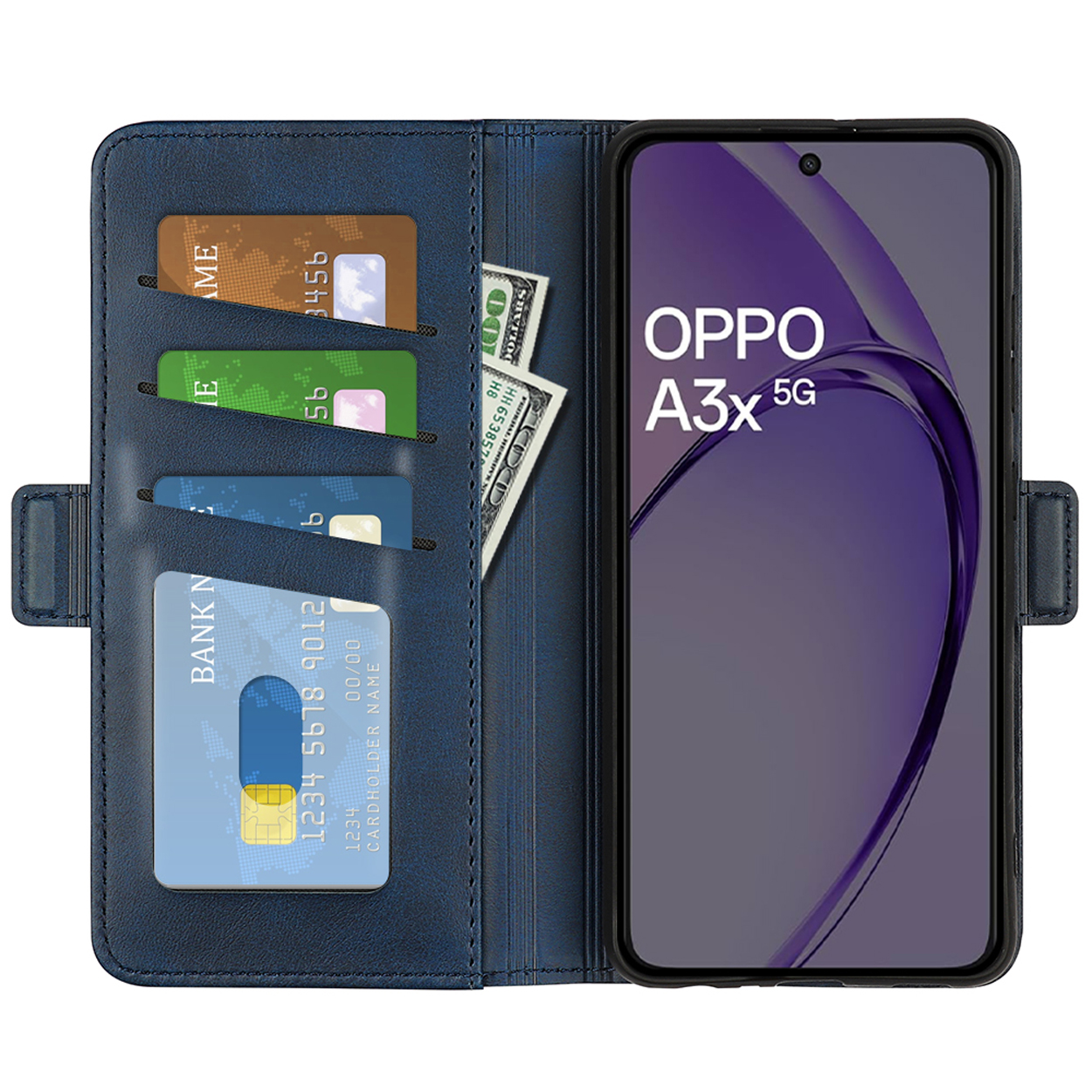 Blauwe telefoonhoes open om telefoon met tekst, kaarten en contant geld te tonen. De telefoon toont de tijd.
