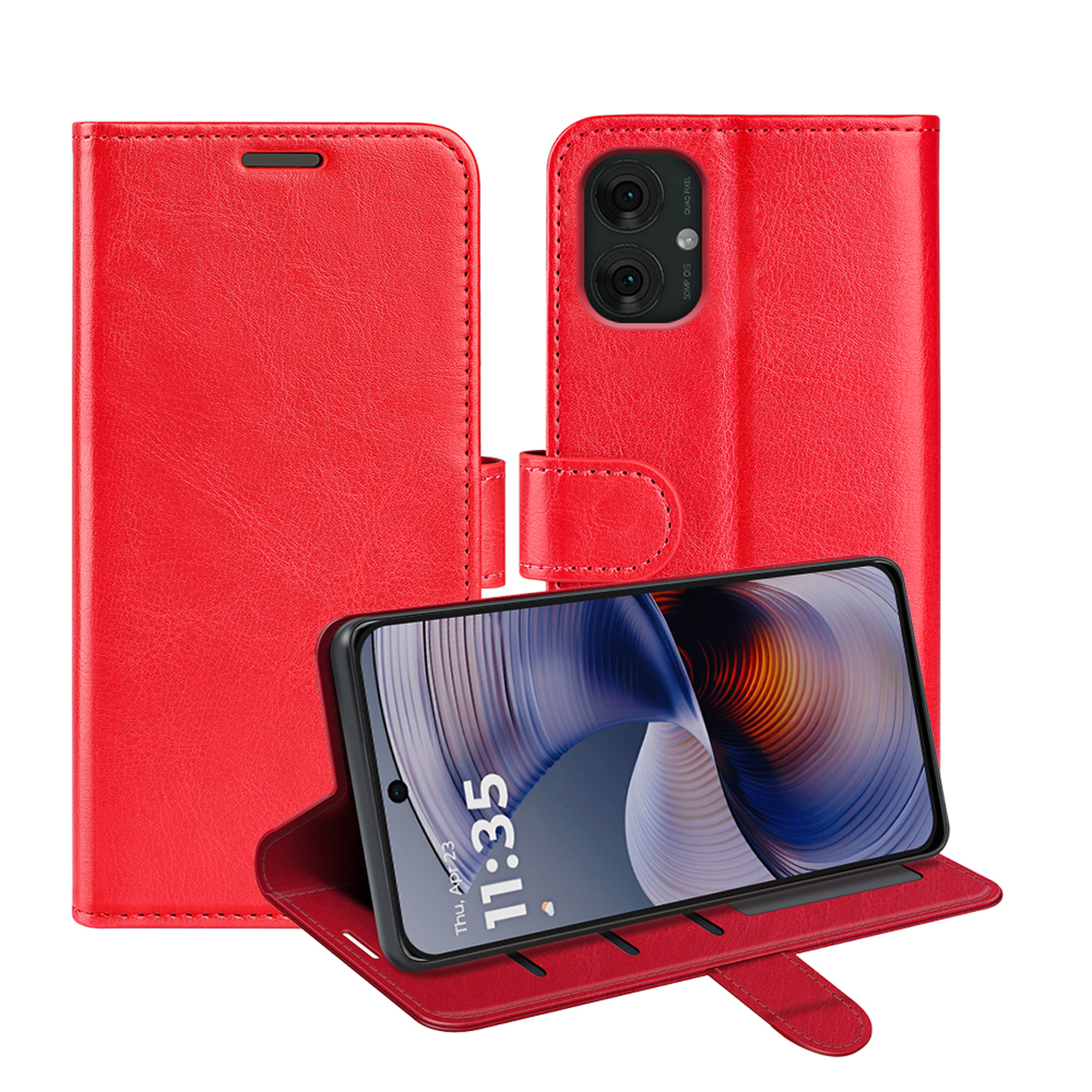 Rode leren telefoonhoes, open en met een telefoon erin. Telefoon toont de tijd.