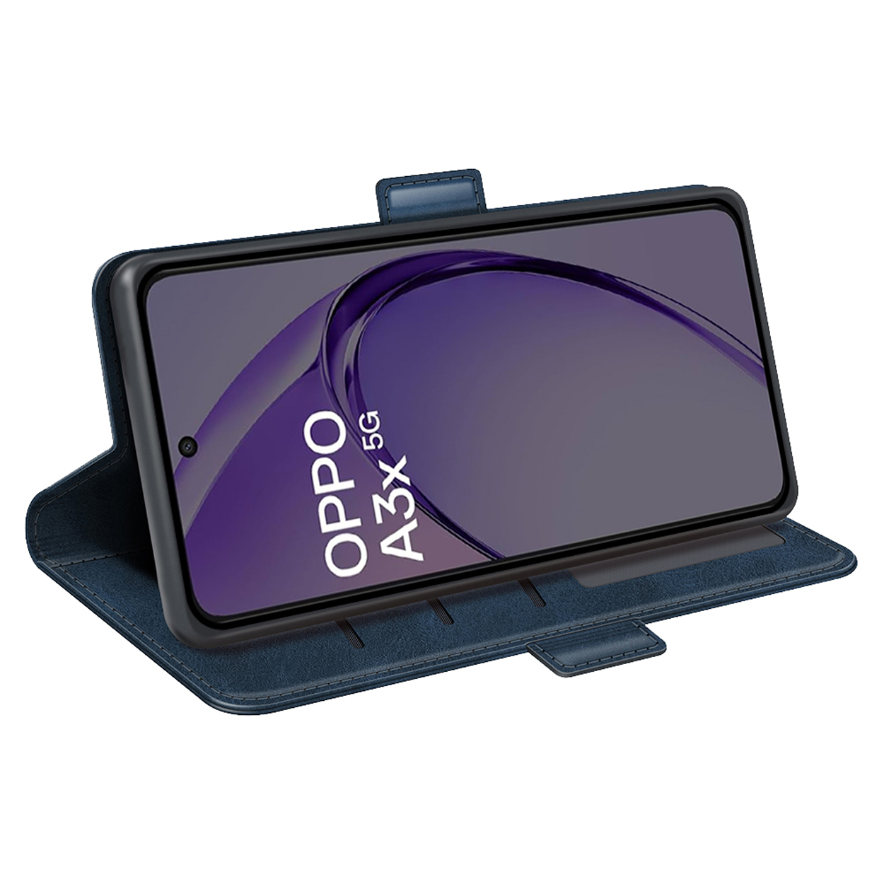 Blauwe telefoonhoes met telefoon erin. Telefoon toont het OPPO A3x 5G-logo.