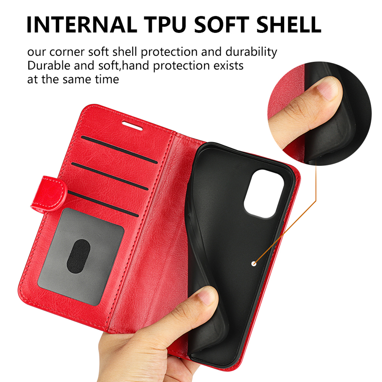 Open rode telefoonhoes met een hand die de telefoon vasthoudt. Zwarte telefoon binnenin. Rood leer.