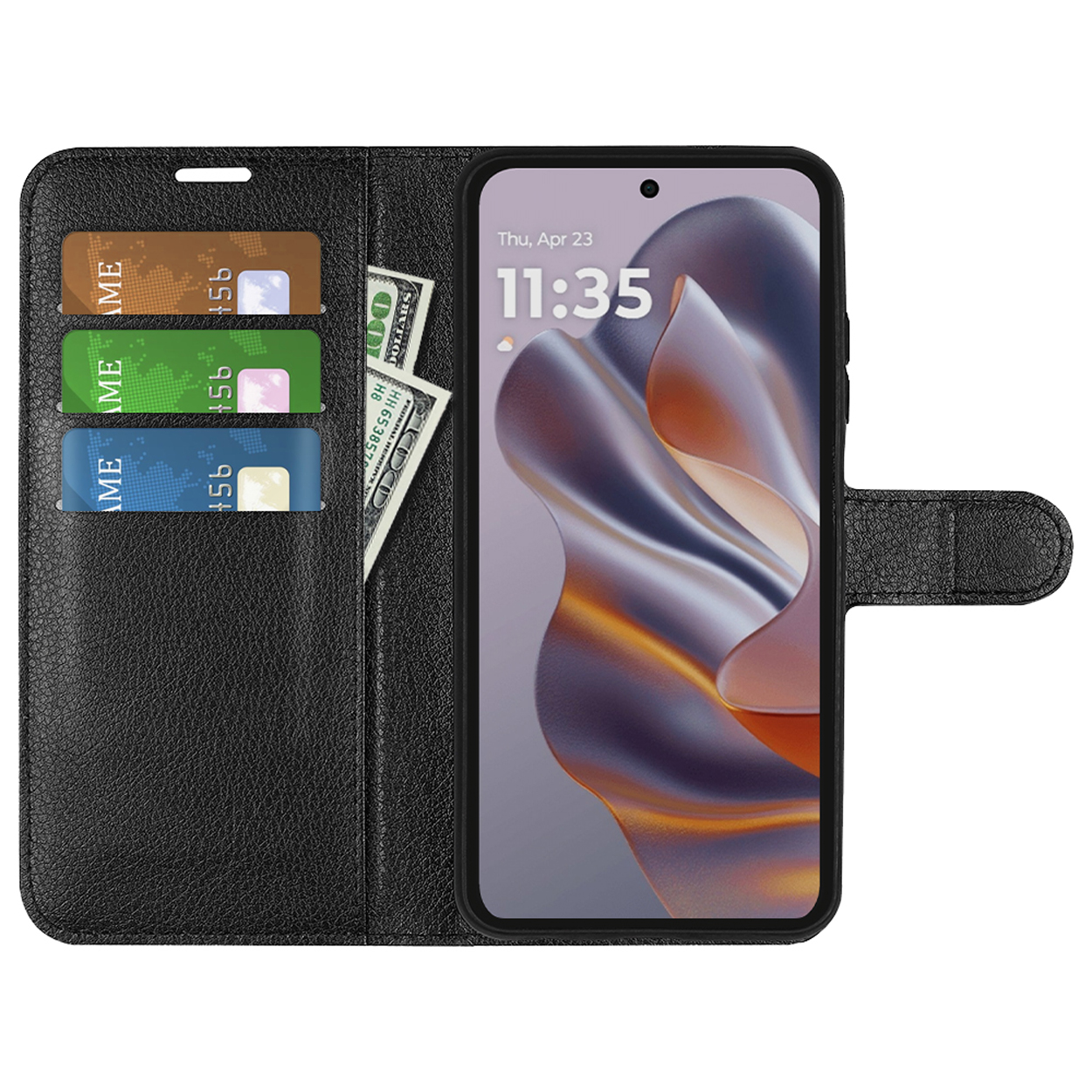 Zwarte telefoonhoes, open, met telefoon, kaarten en contant geld. Tijd is 11:35, 23 april.
