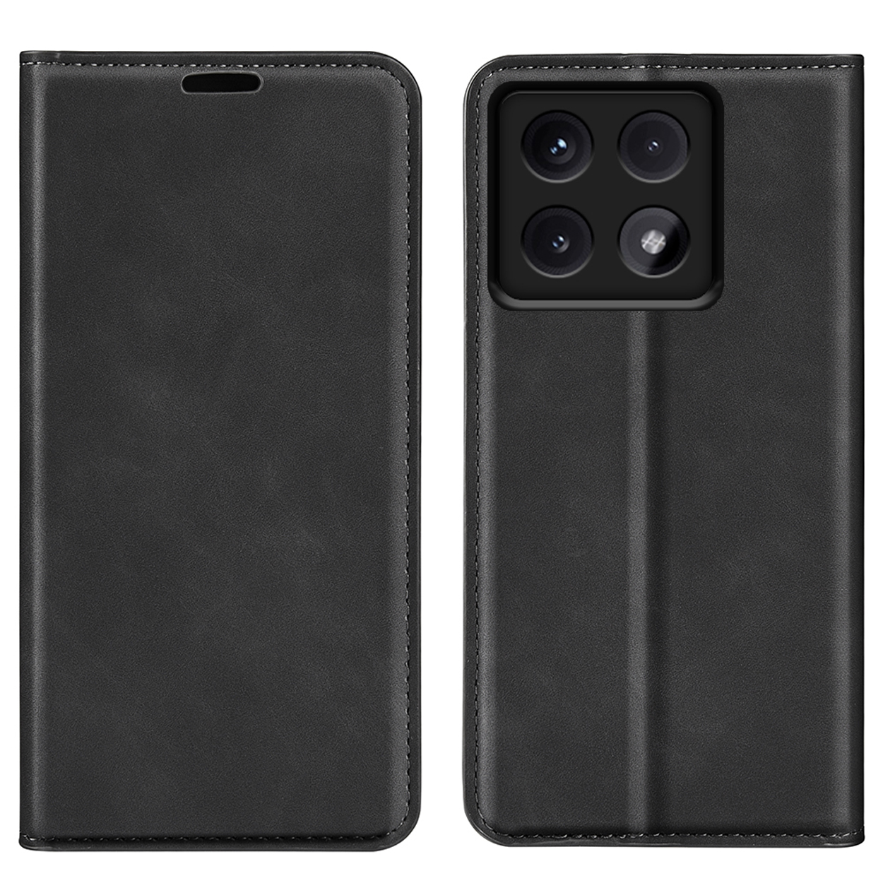Zwarte leren telefoonhoes, gesloten en open. Telefoon met vier camera's zichtbaar, zwart leer.
