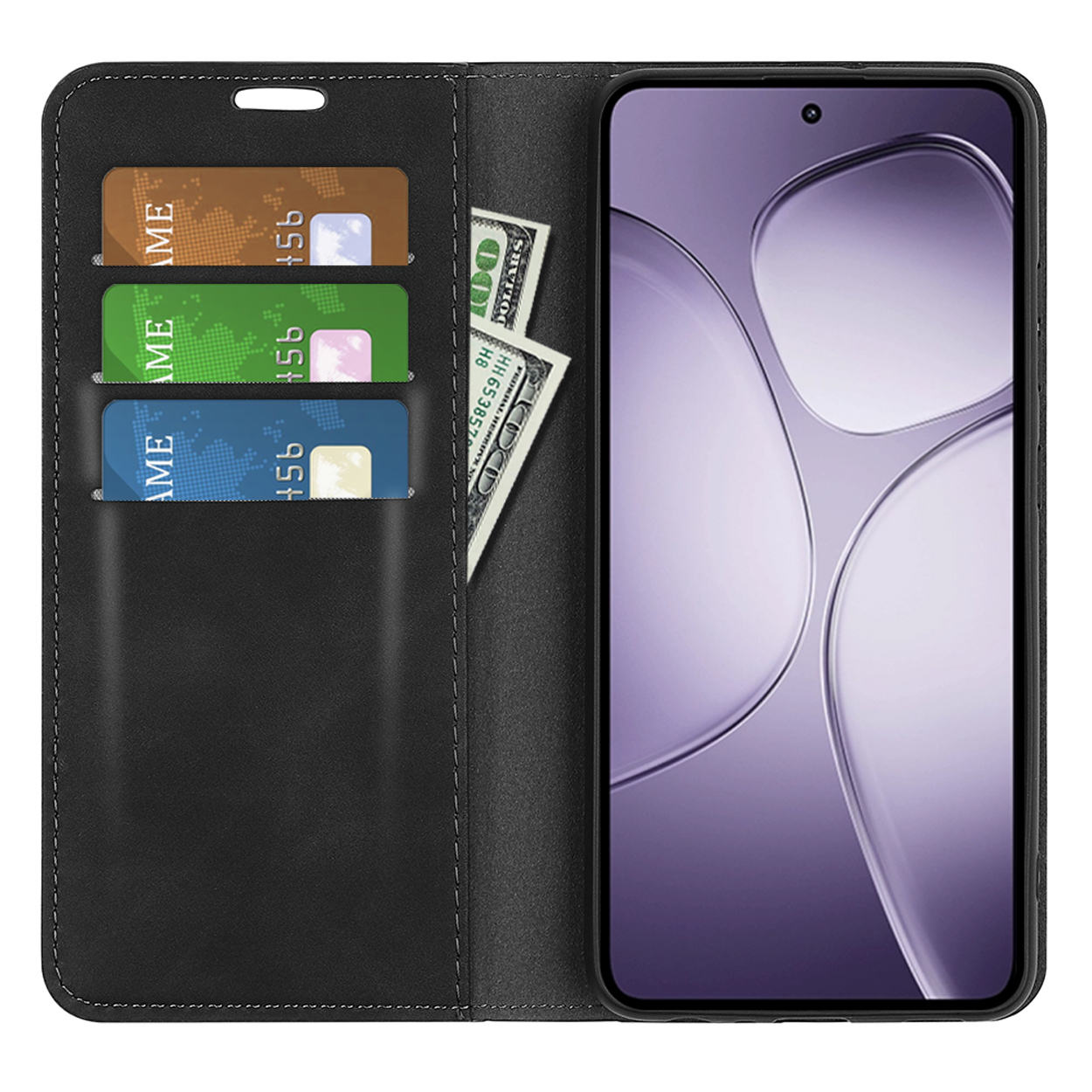 Zwarte telefoonhoes open met telefoon, kaarten en geld erin.