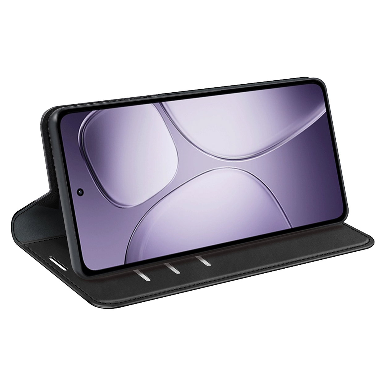 Zwarte telefoonhoes met een telefoon erin. De telefoon toont een paarse afbeelding.