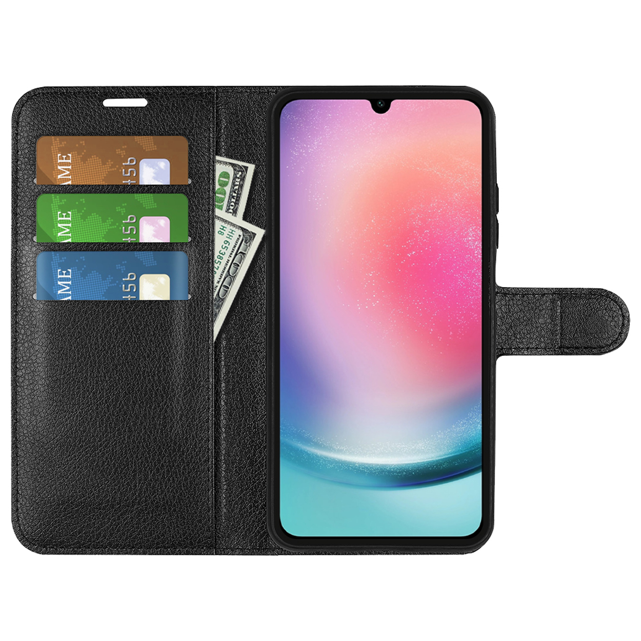 Black phone case open, with cards and cash, and a phone inside.