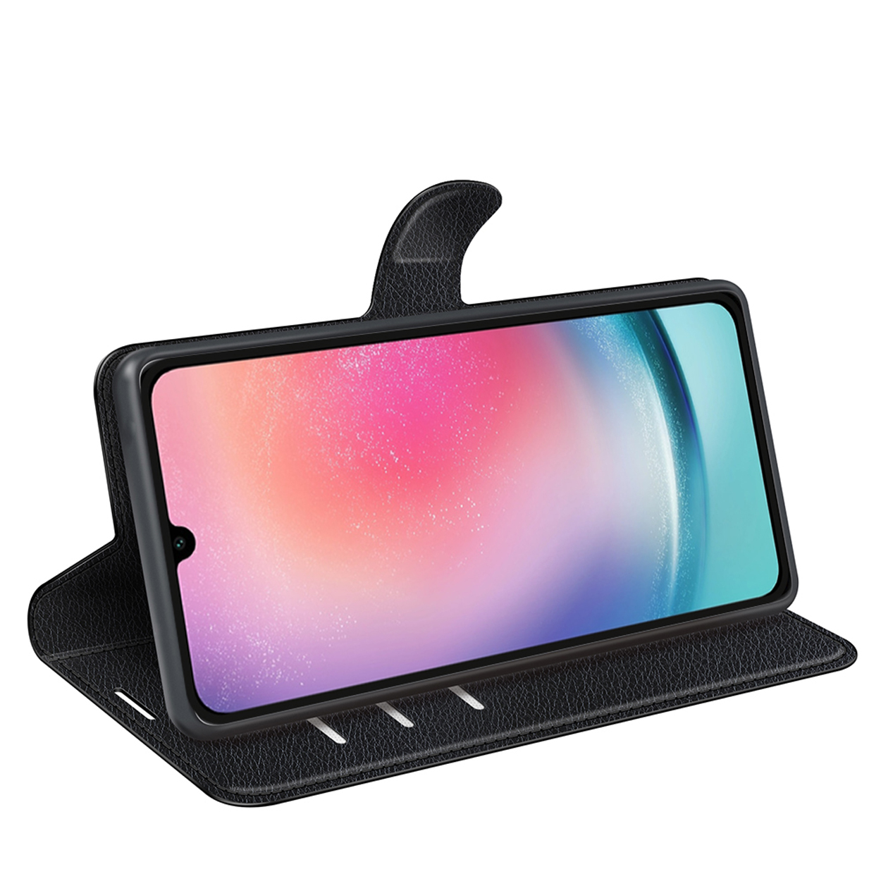 Black phone case with a phone inside. The phone displays a colorful image.