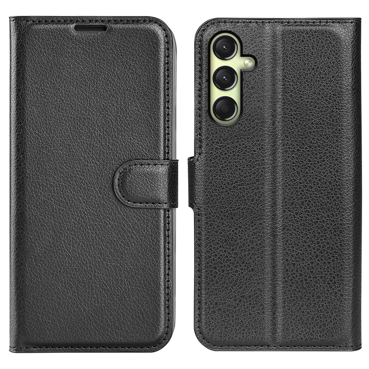 Black leather phone case, closed and open. Features a button closure and camera cutout.