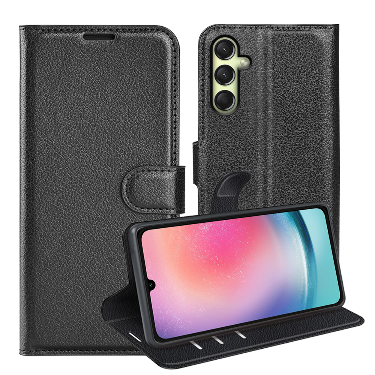 Black phone case open. Phone inside is propped up. The phone has a colorful image.