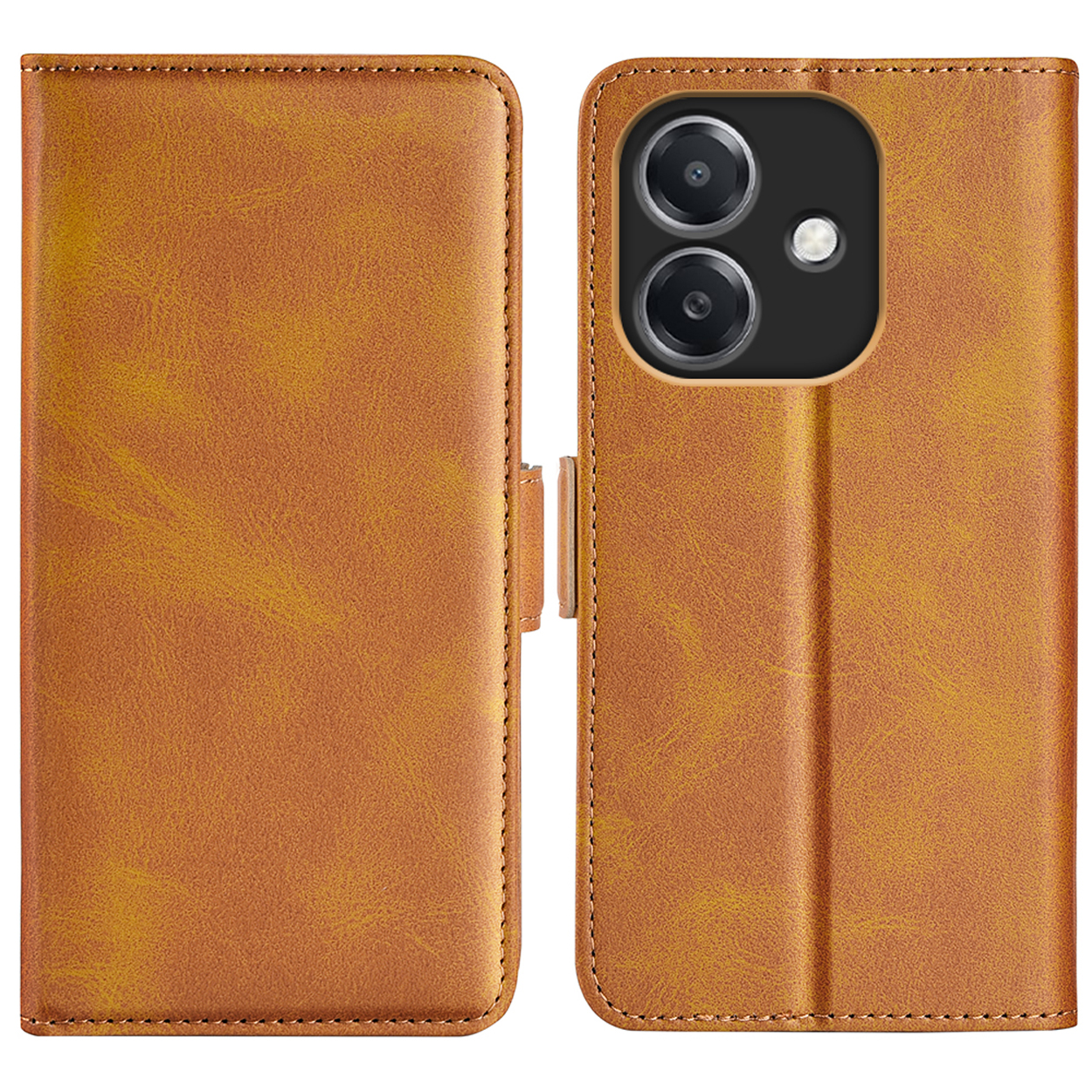 Étui de téléphone marron, fermé et ouvert, montrant le téléphone. Fermoir magnétique visible.