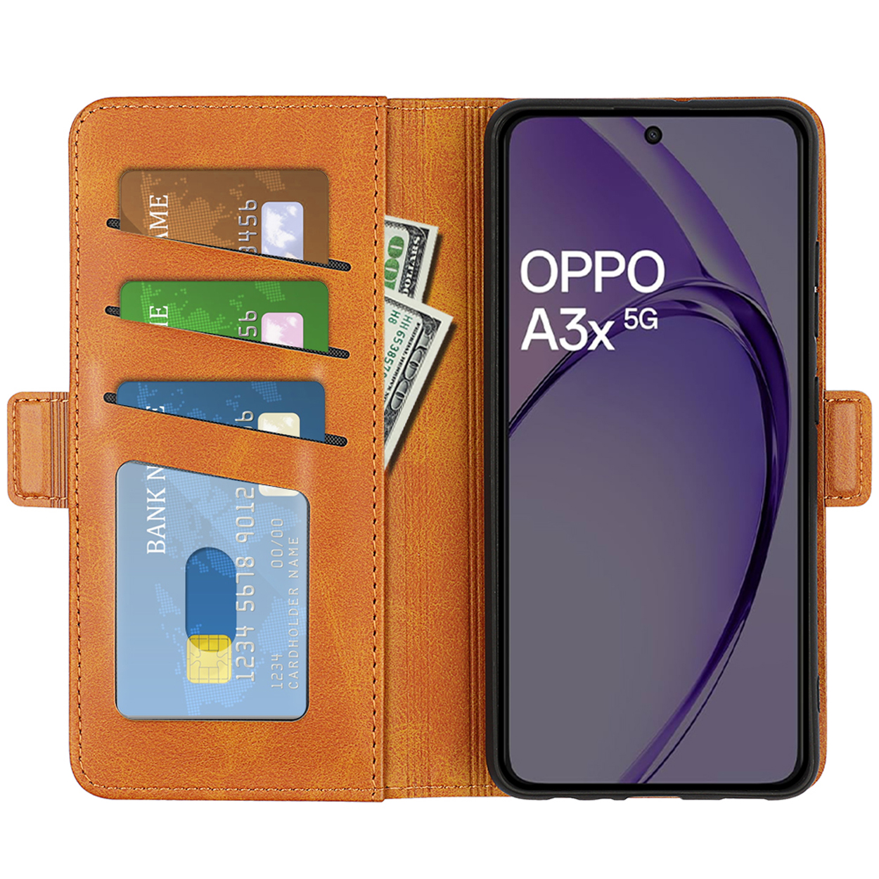 Étui de téléphone marron ouvert pour afficher le téléphone avec texte, cartes et argent. Le téléphone affiche l'heure.