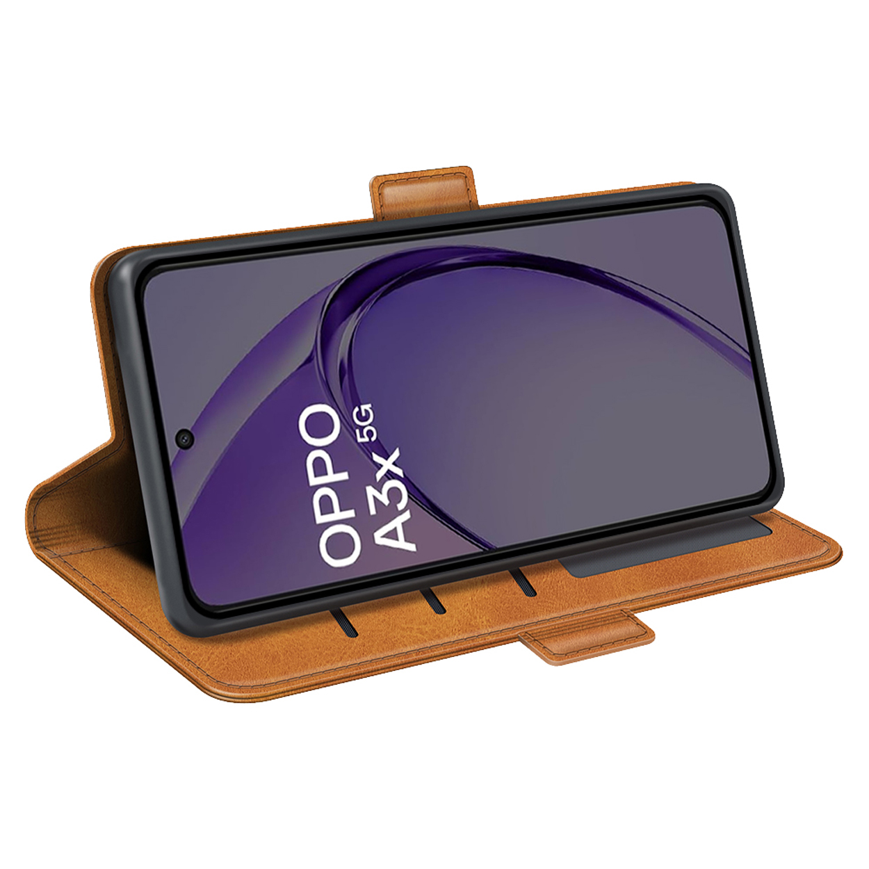 Étui portefeuille en cuir marron, ouvert, avec téléphone à l'intérieur, écran allumé. Le texte dit OPPO A3x 5G.