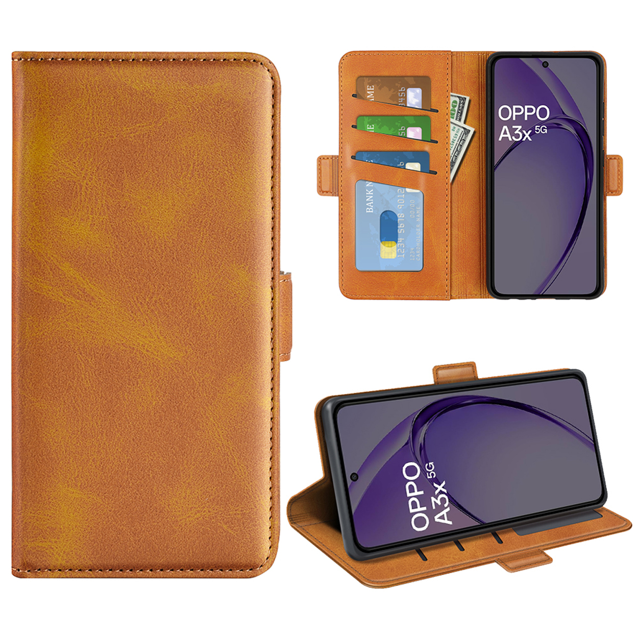Étui de téléphone marron avec téléphone, cartes et argent. Le téléphone affiche OPPO A3x 5G.